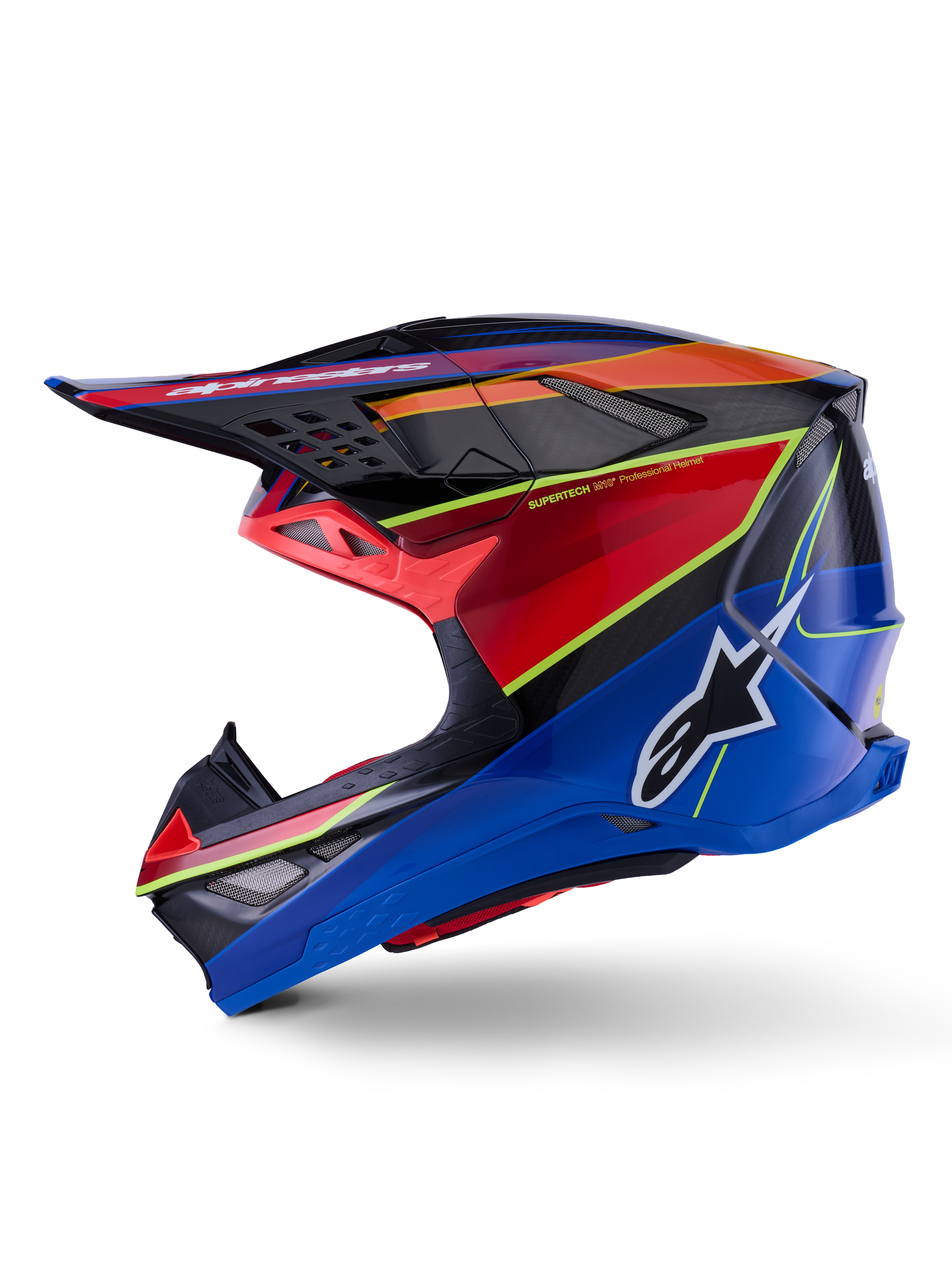 Alpinestars Supertech M10 Era Helmet, casco da motocross, blu, rosso e giallo fluo lucido, vista laterale con calotta aerodinamica in fibra di carbonio, logo Alpinestars sul lato e prese d'aria multiple, equipaggiamento professionale per corse fuoristrada
