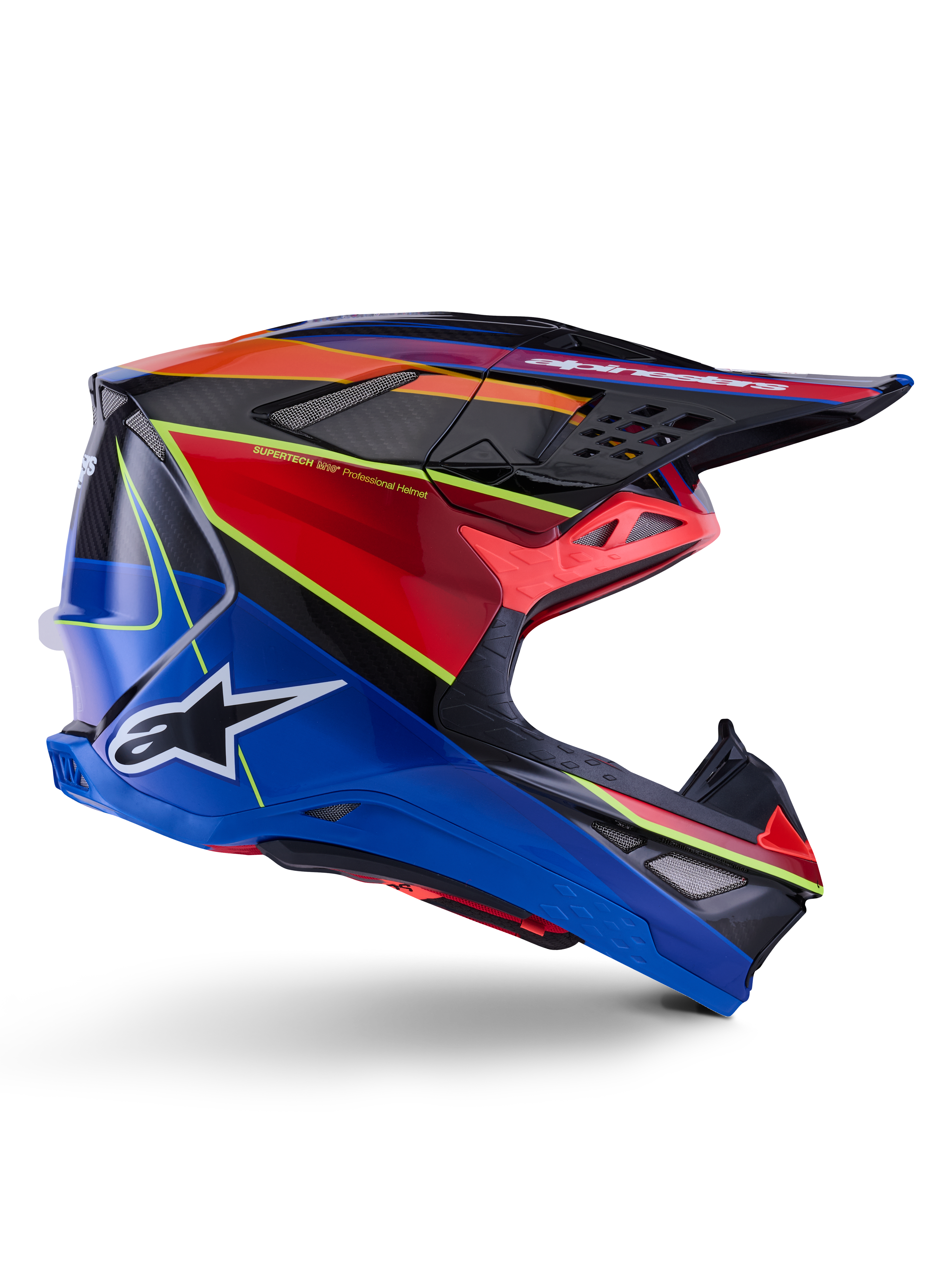 Casco Alpinestars Supertech M10 Era, casco da motocross, blu, rosso e giallo fluo lucido, vista laterale che mostra la calotta in carbonio multi-composito, logo Alpinestars bianco, design aerodinamico con prese d'aria multiple per gare fuoristrada