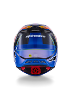 Casco Alpinestars Supertech M10 Era, casco da motocross, vista posteriore, blu, rosso e giallo fluo lucido, con prese d'aria, calotta in carbonio composito, marchio Alpinestars e adesivo di sicurezza MIPS, protezione avanzata per il fuoristrada