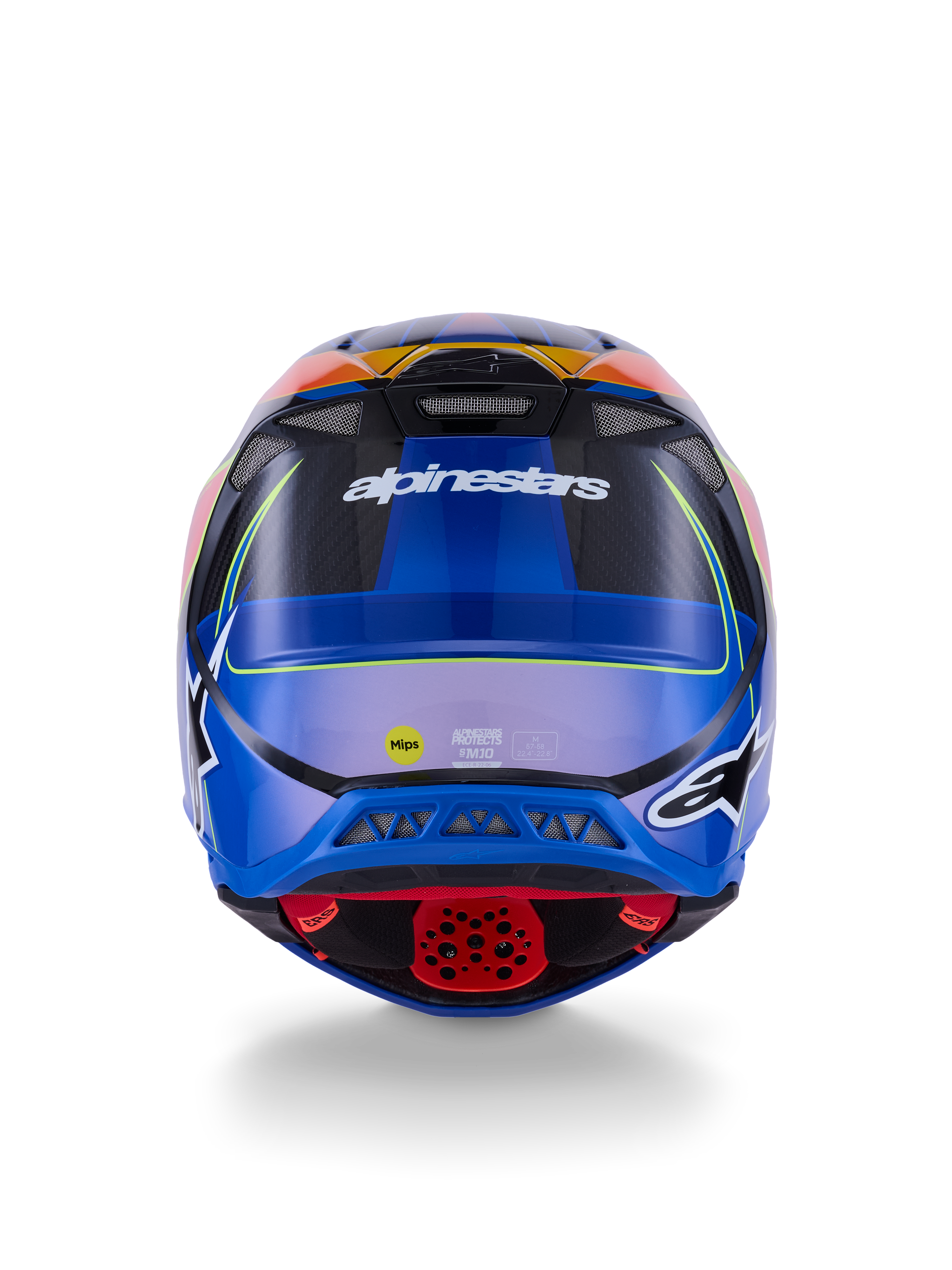 Casco Alpinestars Supertech M10 Era, casco da motocross, vista posteriore, blu, rosso e giallo fluo lucido, con prese d'aria, calotta in carbonio composito, marchio Alpinestars e adesivo di sicurezza MIPS, protezione avanzata per il fuoristrada