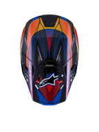 Casco Alpinestars Supertech M10 Era, vista dall'alto, finitura lucida blu, rosso e giallo fluo, calotta in fibra di carbonio, molteplici prese d'aria con rete, logo Alpinestars sulla visiera, equipaggiamento protettivo avanzato per motocross