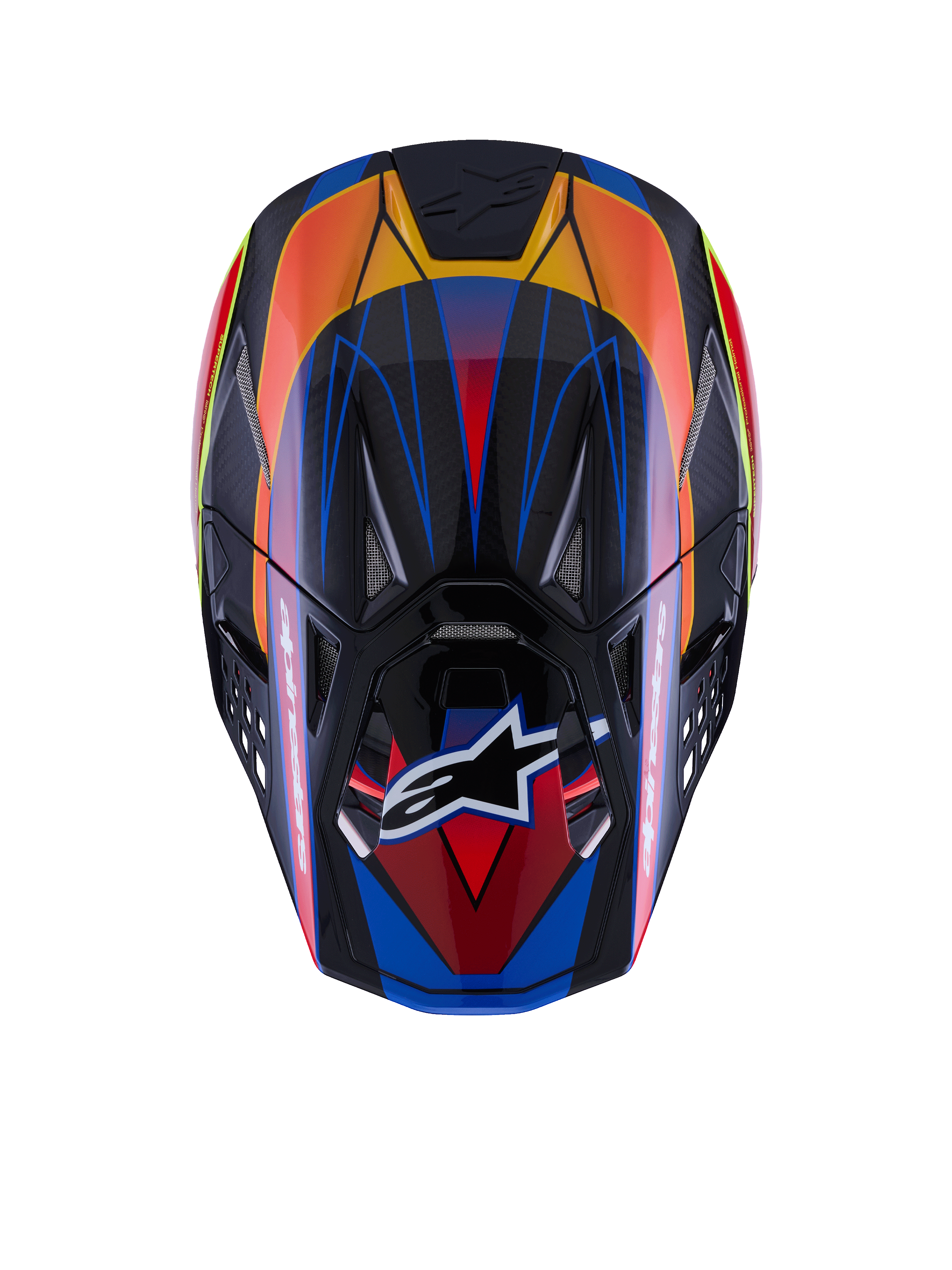 Casco Alpinestars Supertech M10 Era, vista dall'alto, finitura lucida blu, rosso e giallo fluo, calotta in fibra di carbonio, molteplici prese d'aria con rete, logo Alpinestars sulla visiera, equipaggiamento protettivo avanzato per motocross