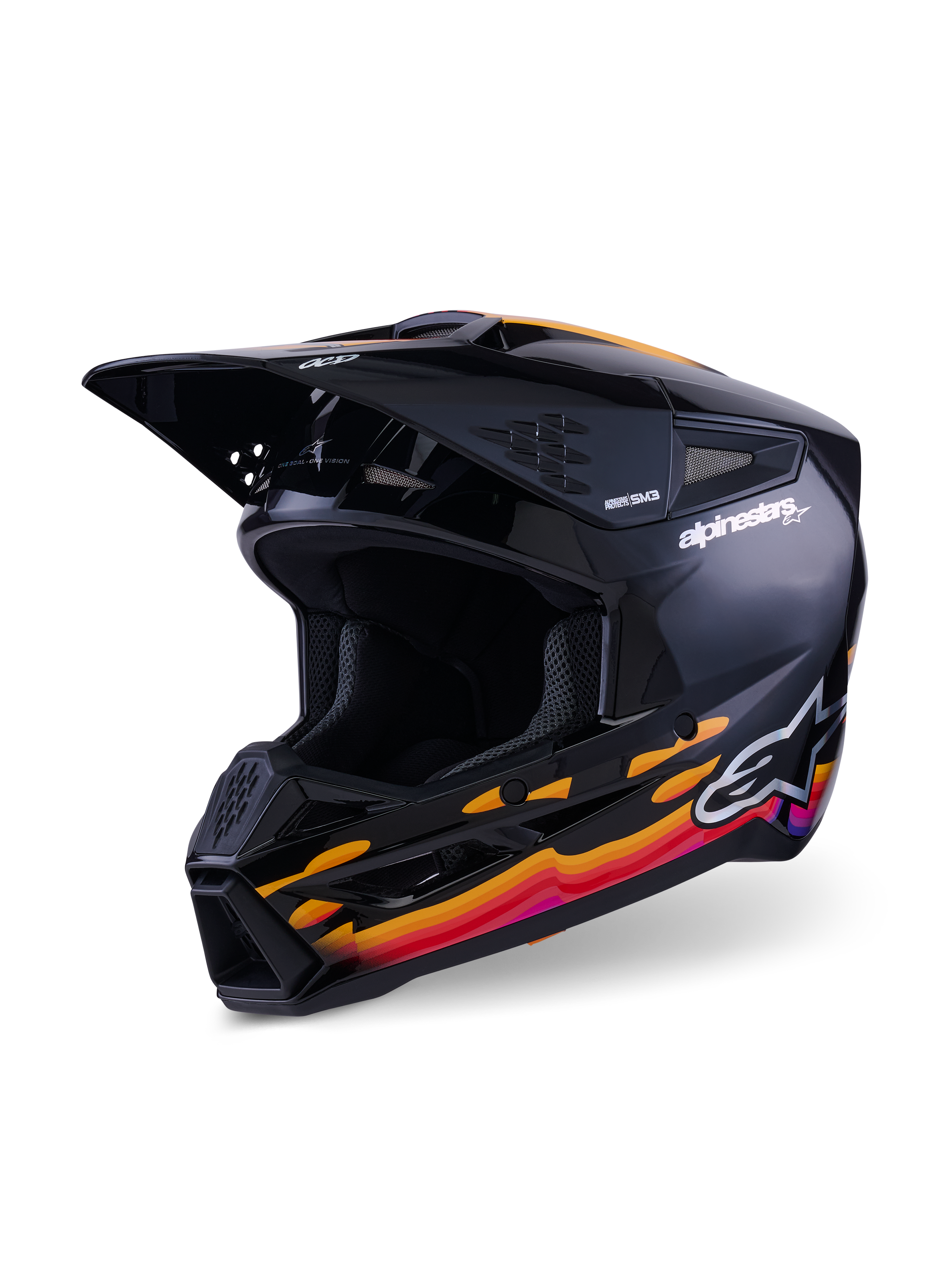 Casco Alpinestars S-M3 Force OCD, casco da motocross, nero lucido con grafiche vivaci in arancione, rosso e viola, marchio Alpinestars sul lato e logo OCD sulla visiera, design aerodinamico con prese di ventilazione e mentoniera prominente