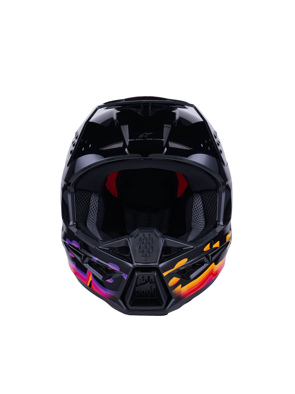 Casco Alpinestars S-M3 Force OCD, casco da motocross, nero lucido con grafiche vivaci in viola, arancione e rosso, vista frontale con ampia apertura per gli occhi e mentoniera ventilata, branding 'One Goal - One Vision', equipaggiamento professionale per corse fuoristrada