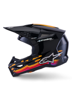 Casco Alpinestars S-M3 Force OCD, casco da motocross, nero lucido con vivaci grafiche ondulate in arancione, rosso e viola, vista laterale con visiera e prese d'aria, logo e marchio Alpinestars, attrezzatura da corsa off-road ad alte prestazioni