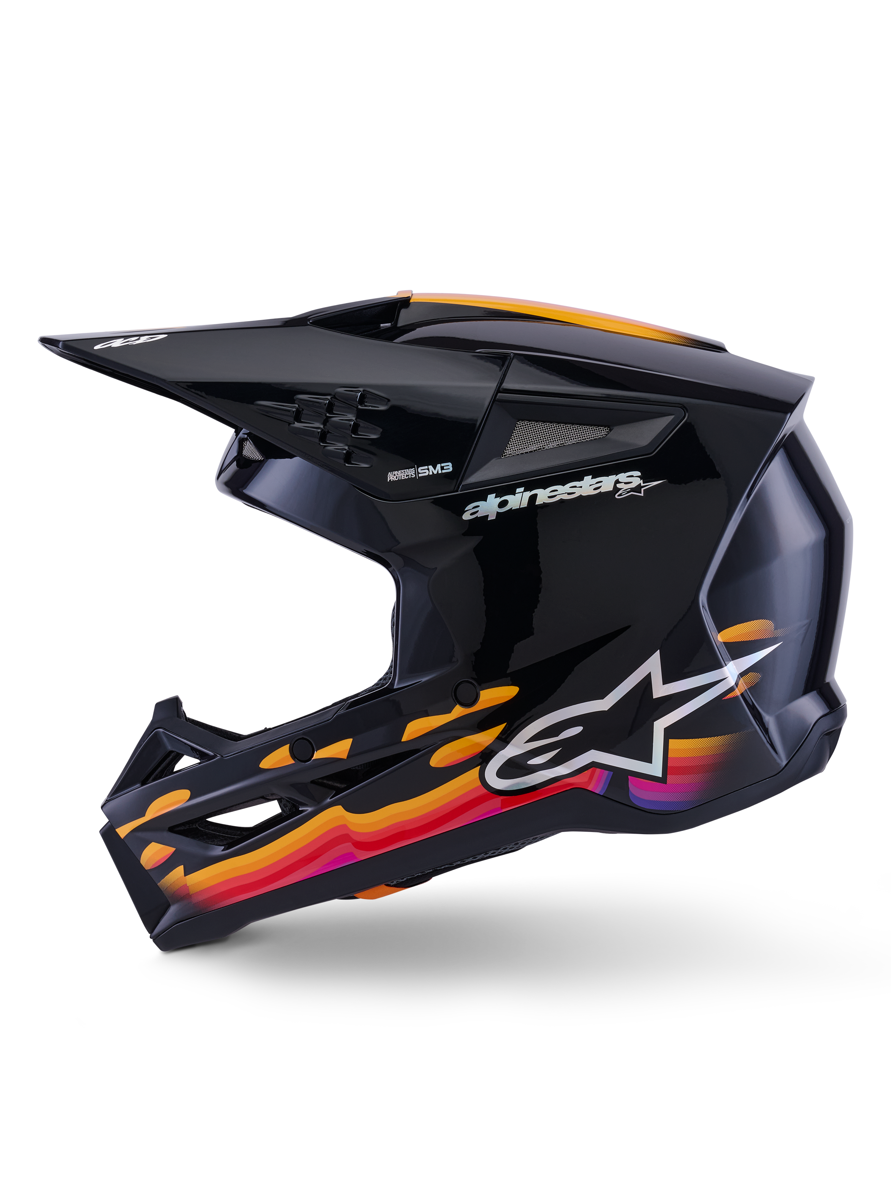 Casco Alpinestars S-M3 Force OCD, casco da motocross, nero lucido con vivaci grafiche ondulate in arancione, rosso e viola, vista laterale con visiera e prese d'aria, logo e marchio Alpinestars, attrezzatura da corsa off-road ad alte prestazioni