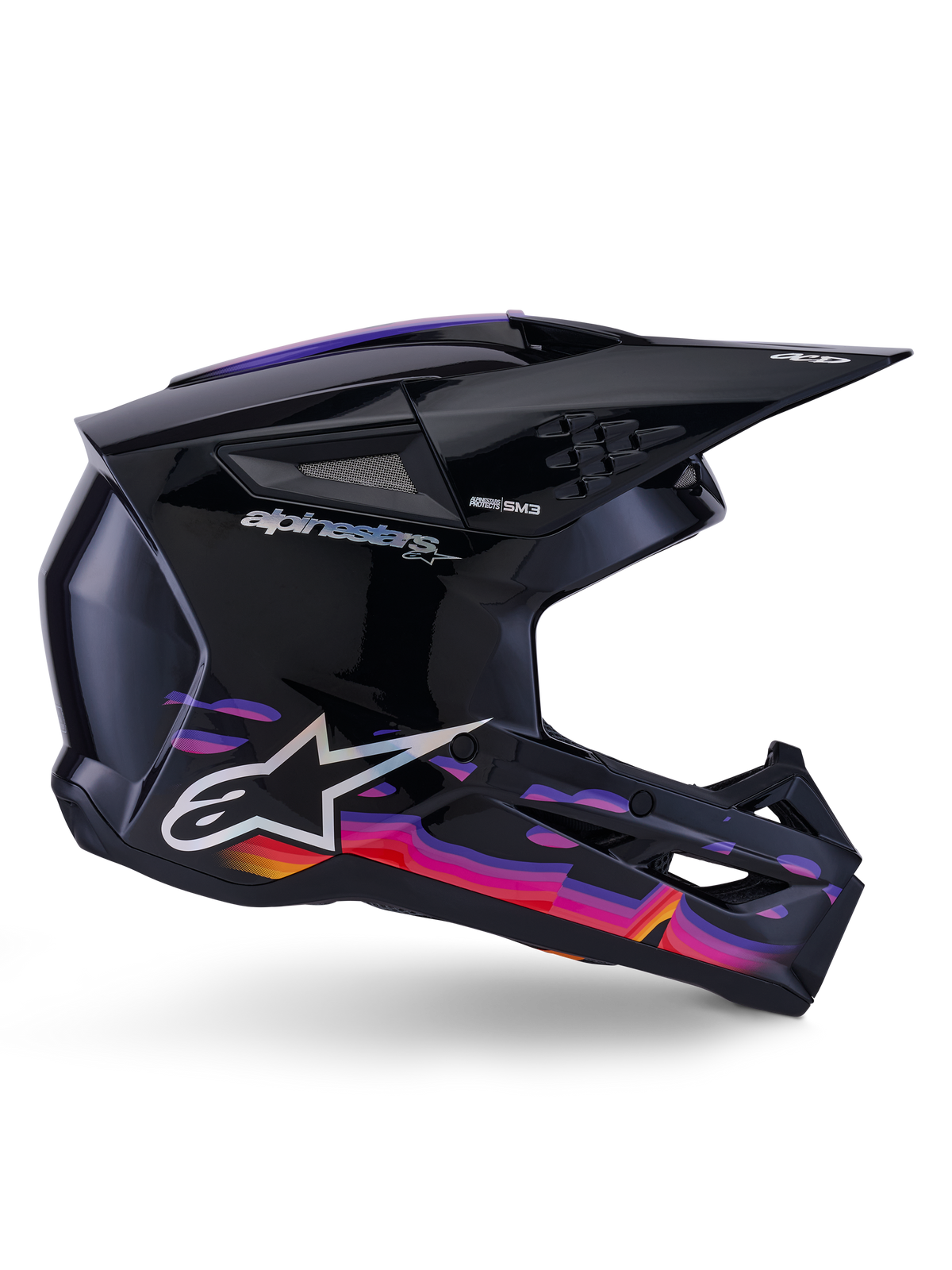 Casco Alpinestars S-M3 Force OCD, casco da motocross, nero lucido con vivaci motivi grafici viola, rosa e arancione, vista di profilo, con logo Alpinestars argento e marchio SM3, progettato per prestazioni off-road
