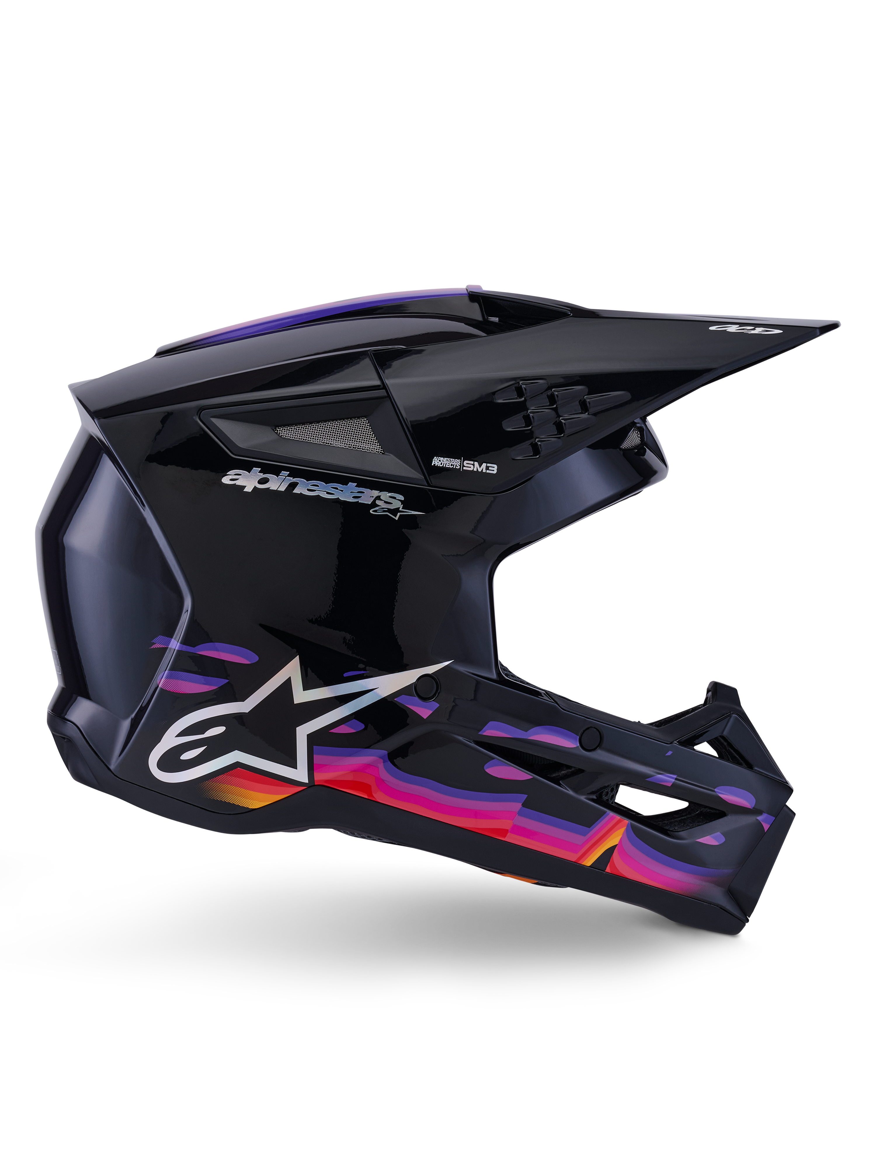 Casco Alpinestars S-M3 Force OCD, casco da motocross, nero lucido con vivaci motivi grafici viola, rosa e arancione, vista di profilo, con logo Alpinestars argento e marchio SM3, progettato per prestazioni off-road
