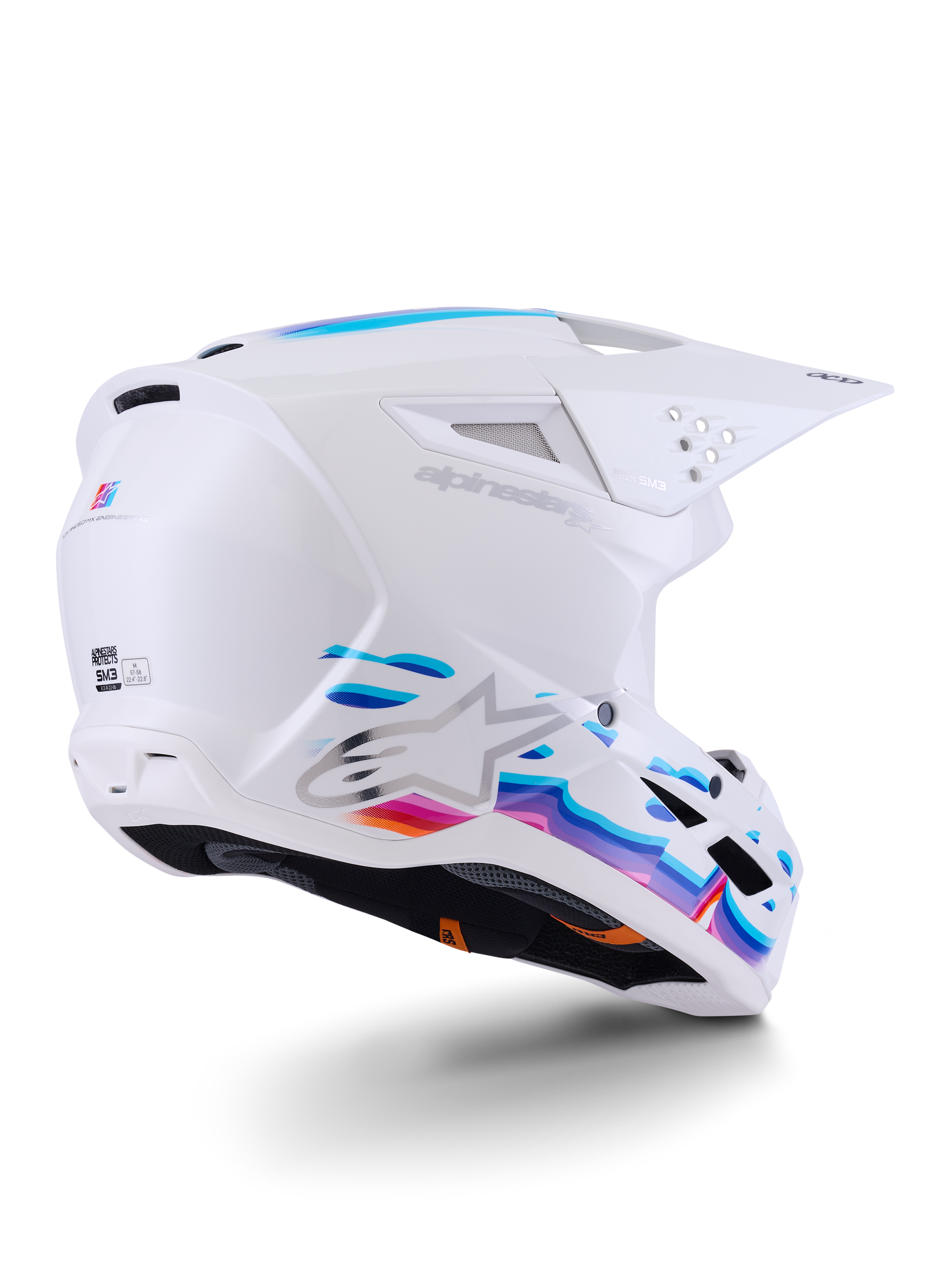 Casco Alpinestars S-M3 Force OCD, casco da motocross, bianco lucido con grafiche fluide blu e viola vivaci, caratterizzato dal logo Astar argento e prese d'aria laterali, design aerodinamico della calotta per corse off-road