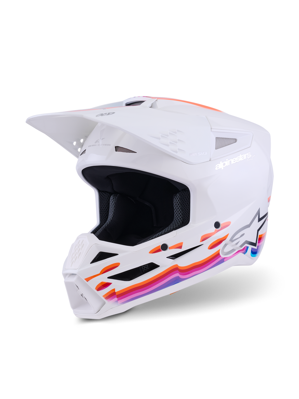 Casco Alpinestars S-M3 Force OCD, casco da motocross, bianco lucido con grafiche ondulate in arancione, rosa e blu vivace, con visiera bianca e logo Alpinestars, protezione professionale per la testa off-road
