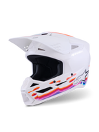 Casco Alpinestars S-M3 Force OCD, casco da motocross, bianco lucido con grafiche ondulate in arancione, rosa e blu vivace, con visiera bianca e logo Alpinestars, protezione professionale per la testa off-road