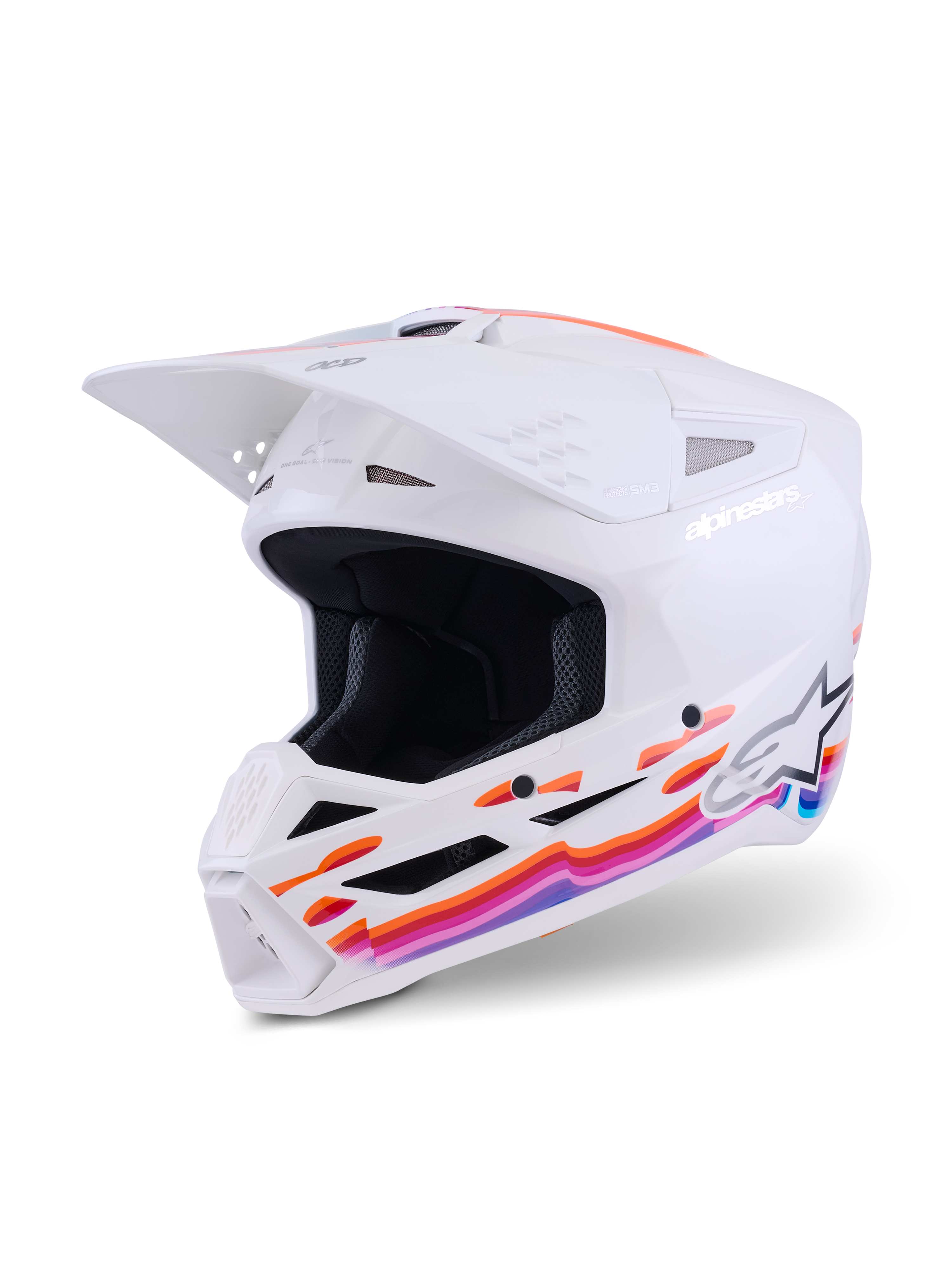 Casco Alpinestars S-M3 Force OCD, casco da motocross, bianco lucido con grafiche ondulate in arancione, rosa e blu vivace, con visiera bianca e logo Alpinestars, protezione professionale per la testa off-road
