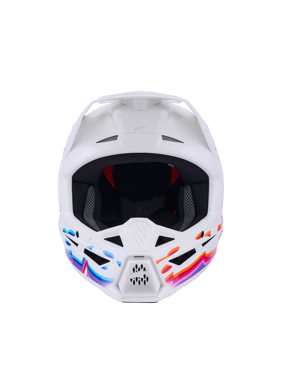 Casco Alpinestars S-M3 Force OCD, casco da motocross, bianco lucido con grafiche ondulate blu, rosa e arancione vivaci, vista frontale con prese d'aria e visiera bianca, protezione professionale per la guida off-road