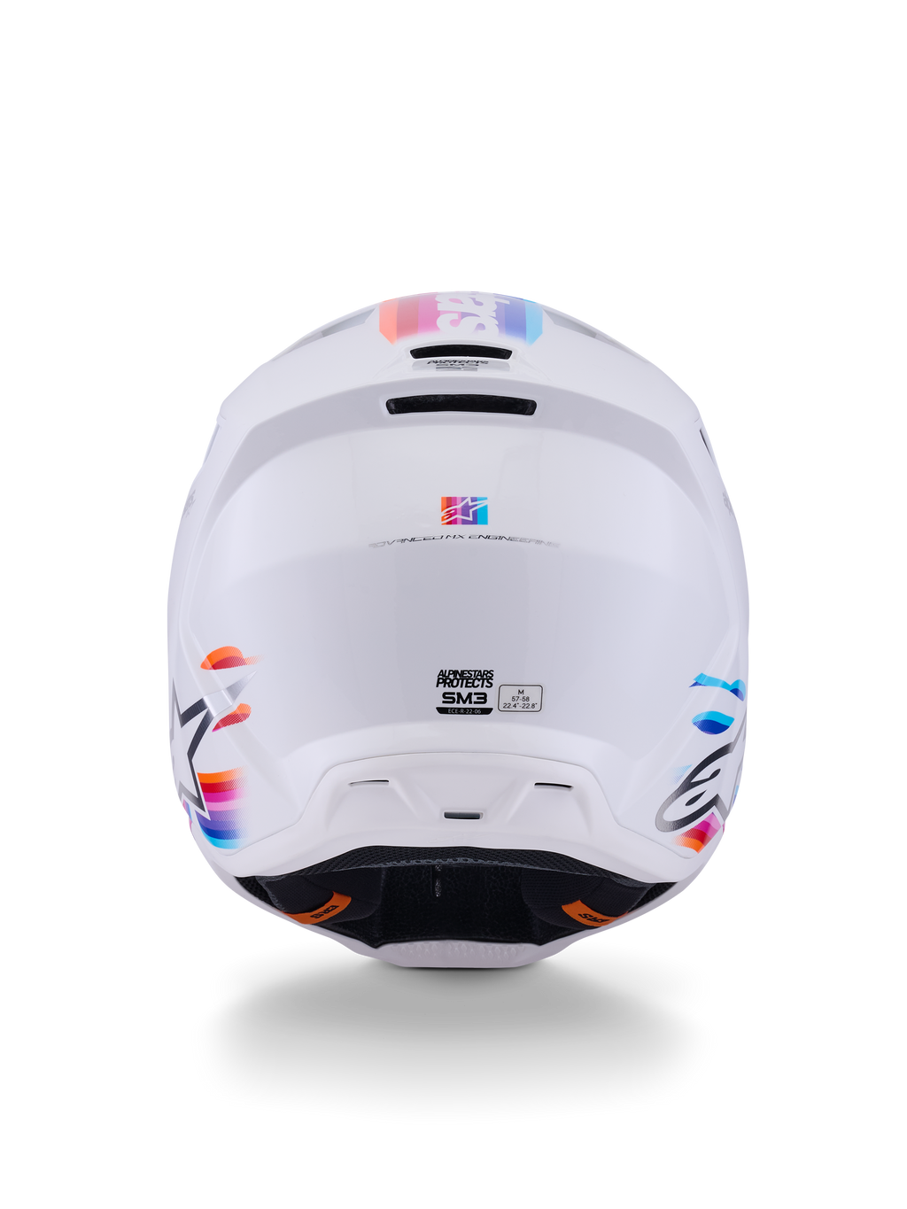 Alpinestars S-M3 Force OCD Helmet, casco da motocross, bianco lucido, vista posteriore con accenti a strisce multicolore in blu, arancione e rosa, calotta termo-iniettata aerodinamica con porte di ventilazione e marchio Alpinestars, protezione professionale per la testa per la guida off-road
