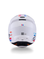 Alpinestars S-M3 Force OCD Helmet, casco da motocross, bianco lucido, vista posteriore con accenti a strisce multicolore in blu, arancione e rosa, calotta termo-iniettata aerodinamica con porte di ventilazione e marchio Alpinestars, protezione professionale per la testa per la guida off-road