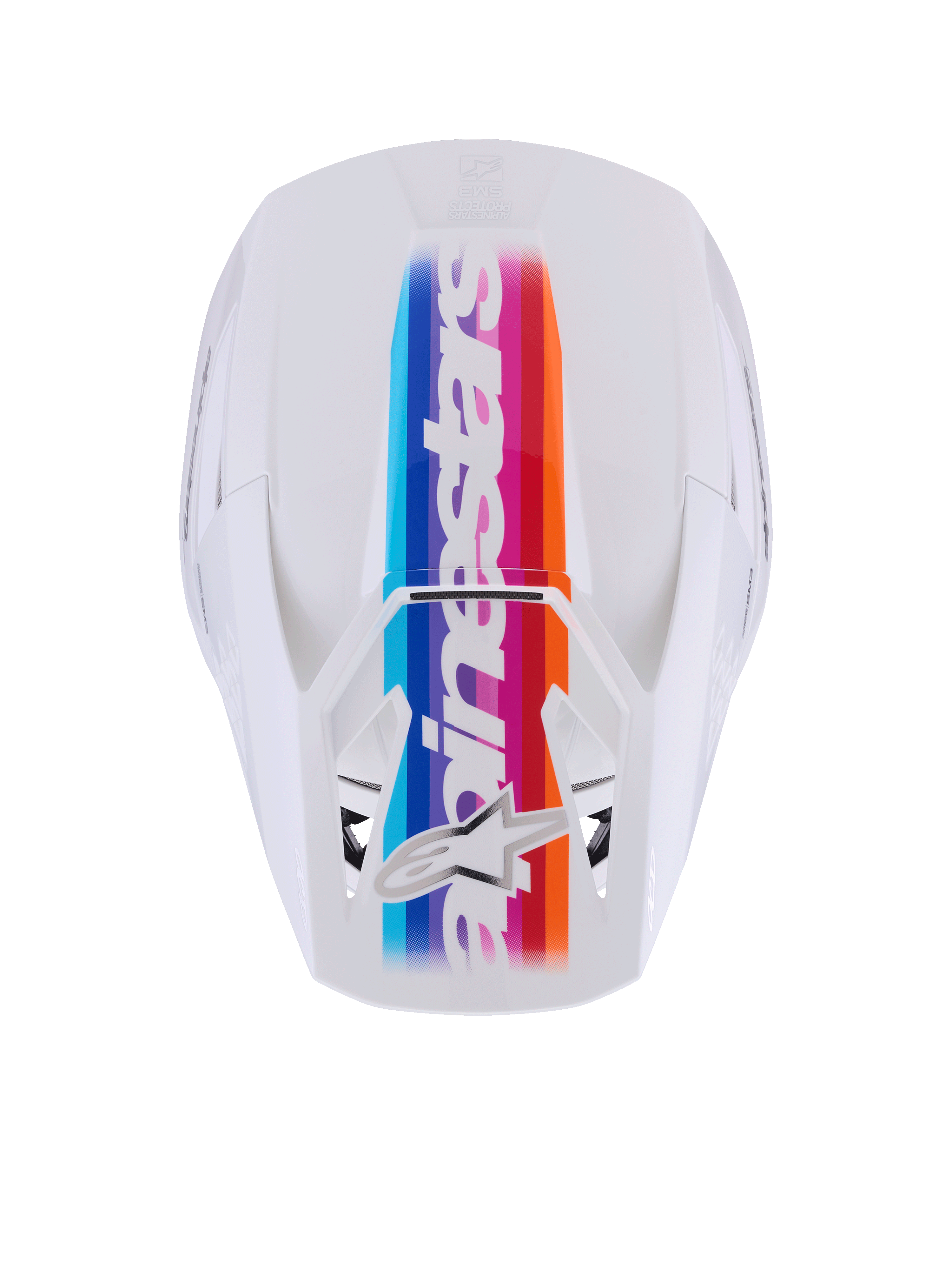 Casco Alpinestars S-M3 Force OCD, casco da motocross, bianco lucido, vista dall'alto con vivace striscia centrale multicolore in blu, viola, rosso e arancione, marchio e logo a stella Alpinestars bianchi, protezione professionale per la testa fuoristrada