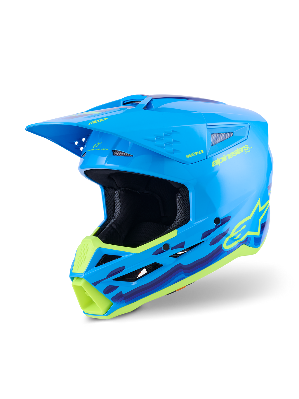 Casco Alpinestars S-M3 Force OCD, casco da motocross, ciano lucido con grafiche ondulate giallo neon e viola, finitura lucida con logo Alpinestars in evidenza, progettato per protezione dagli impatti off-road e ventilazione