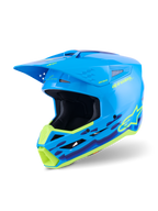 Casco Alpinestars S-M3 Force OCD, casco da motocross, ciano lucido con grafiche ondulate giallo neon e viola, finitura lucida con logo Alpinestars in evidenza, progettato per protezione dagli impatti off-road e ventilazione