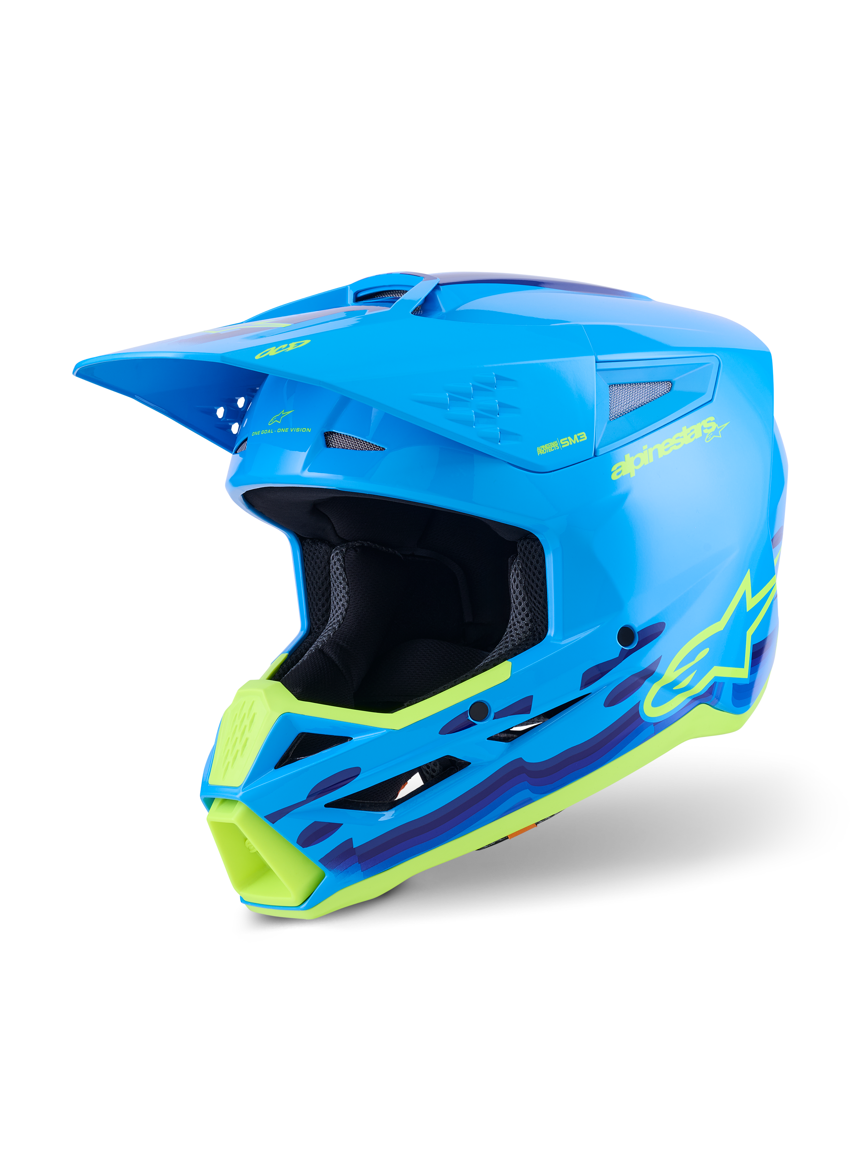 Casco Alpinestars S-M3 Force OCD, casco da motocross, ciano lucido con grafiche ondulate giallo neon e viola, finitura lucida con logo Alpinestars in evidenza, progettato per protezione dagli impatti off-road e ventilazione
