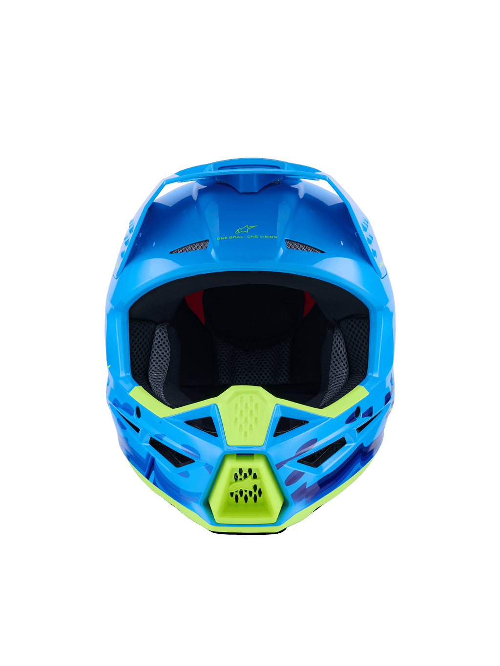 Casco Alpinestars S-M3 Force OCD, casco da motocross, ciano lucido con accenti giallo neon, vista frontale, con grafiche camo blu e viola, prese d'aria aggressive e design aerodinamico della calotta