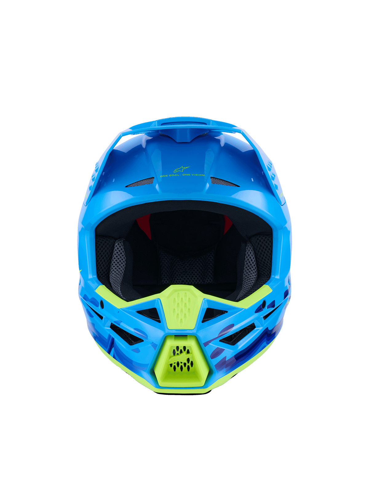 Casco Alpinestars S-M3 Force OCD, casco da motocross, ciano lucido con accenti giallo neon, vista frontale, con grafiche camo blu e viola, prese d'aria aggressive e design aerodinamico della calotta