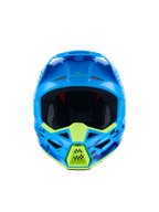 Casco Alpinestars S-M3 Force OCD, casco da motocross, ciano lucido con accenti giallo neon, vista frontale, con grafiche camo blu e viola, prese d'aria aggressive e design aerodinamico della calotta