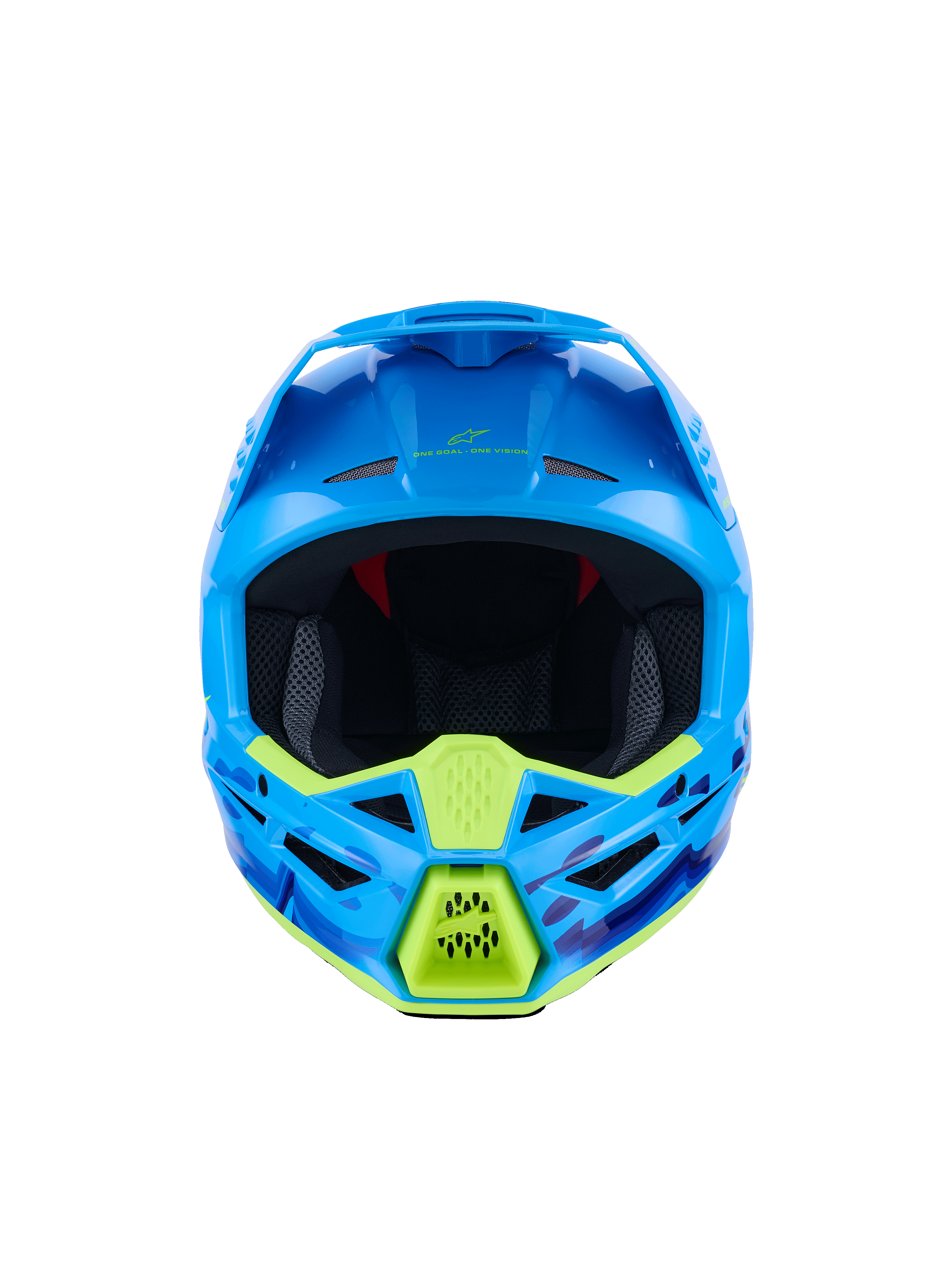 Casco Alpinestars S-M3 Force OCD, casco da motocross, ciano lucido con accenti giallo neon, vista frontale, con grafiche camo blu e viola, prese d'aria aggressive e design aerodinamico della calotta
