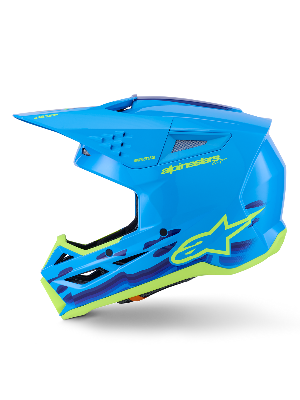 Casco Alpinestars S-M3 Force OCD, casco da motocross, Cyan Glossy con accenti grafici, calotta aerodinamica, visiera protettiva e ventilazione ad alto flusso per corse off-road