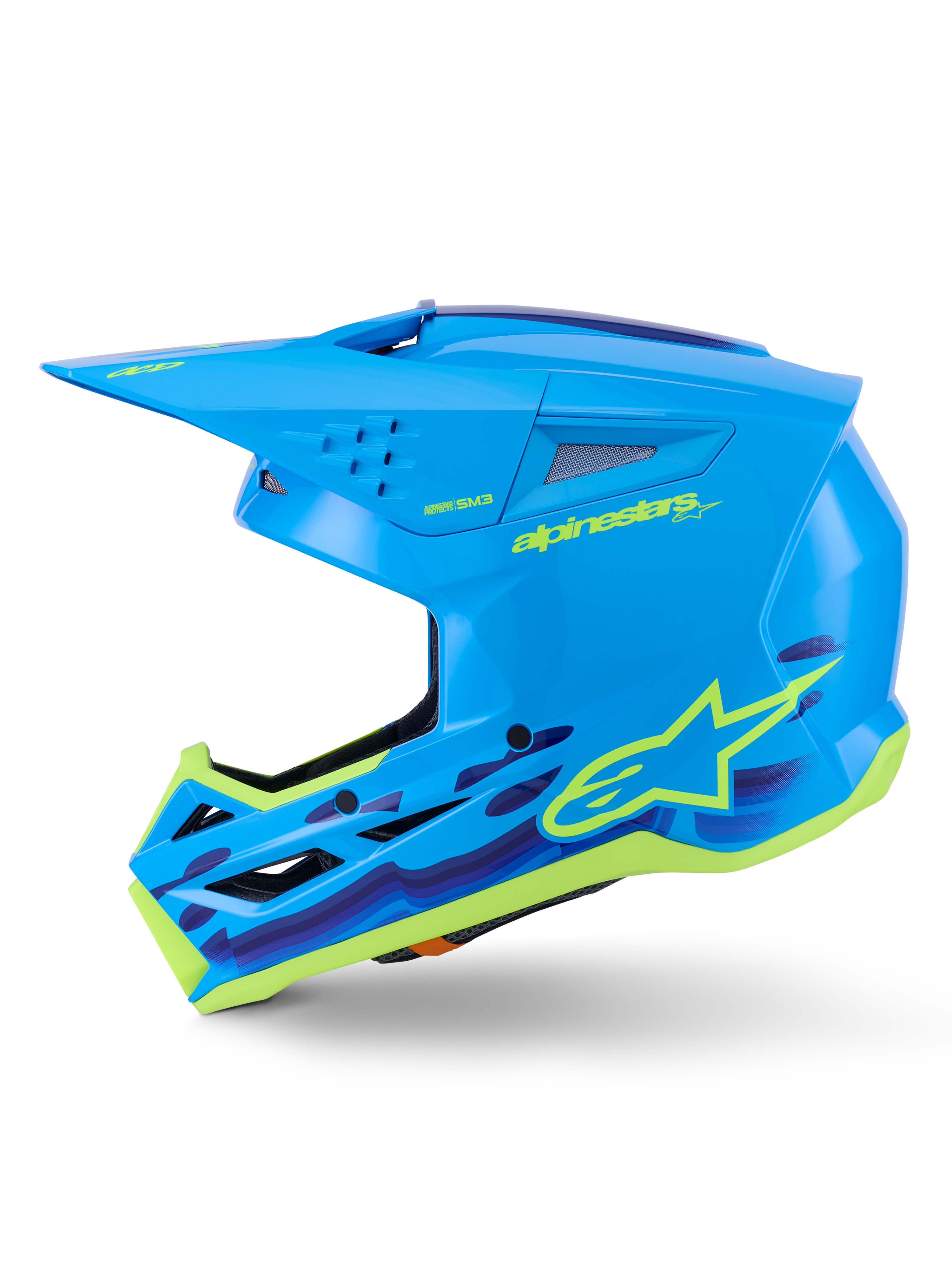 Casco Alpinestars S-M3 Force OCD, casco da motocross, Cyan Glossy con accenti grafici, calotta aerodinamica, visiera protettiva e ventilazione ad alto flusso per corse off-road