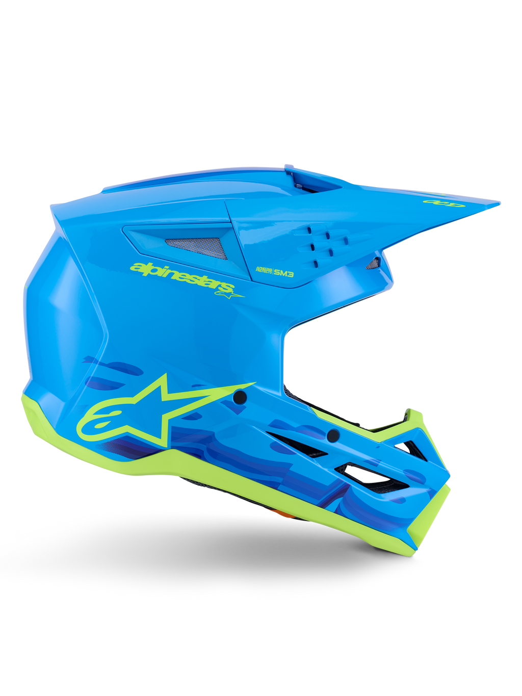 Casco Alpinestars S-M3 Force OCD, casco da motocross off-road, ciano lucido con dettagli giallo neon, certificato ECE 22.06, calotta aerodinamica con prese d'aria, visiera a punta e grafiche con logo a stella