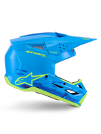 Casco Alpinestars S-M3 Force OCD, casco da motocross off-road, ciano lucido con dettagli giallo neon, certificato ECE 22.06, calotta aerodinamica con prese d'aria, visiera a punta e grafiche con logo a stella