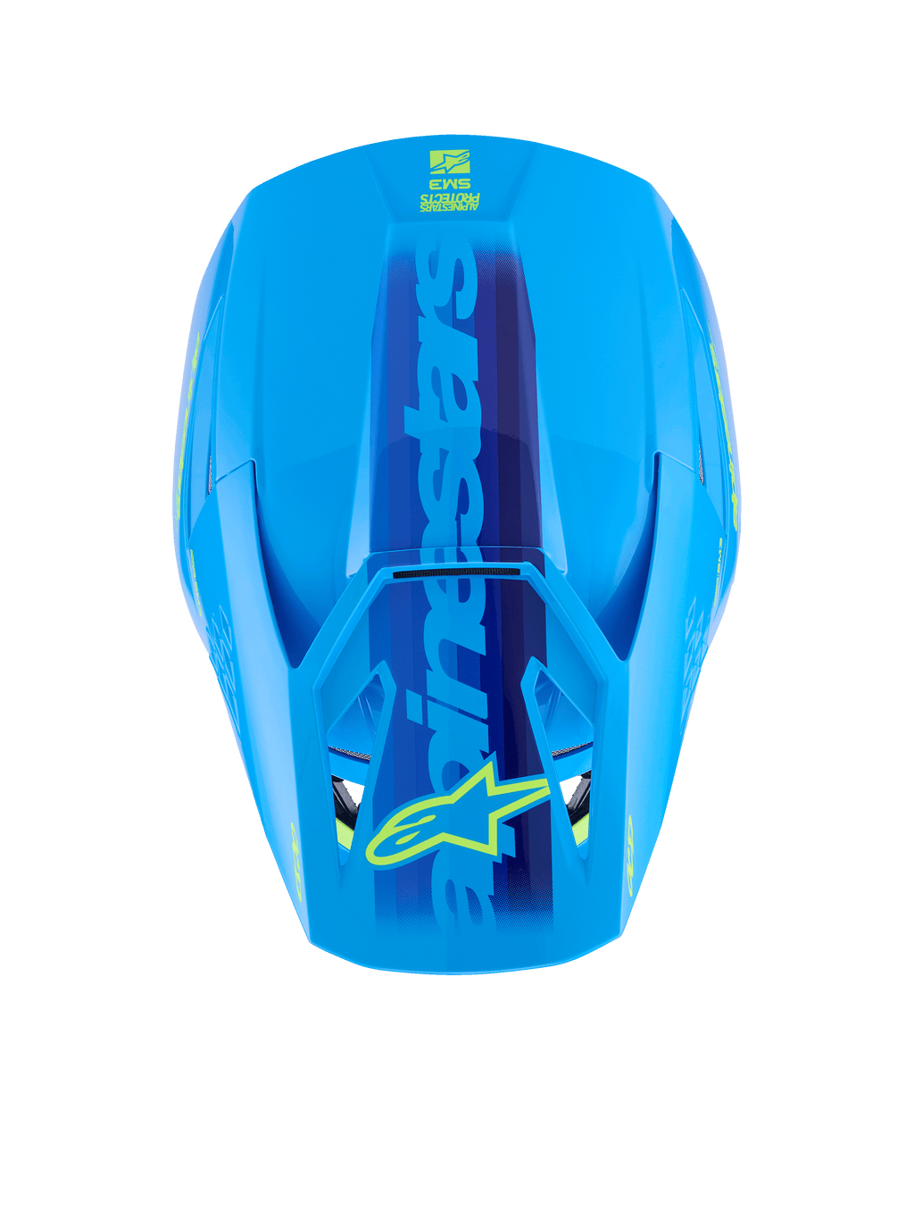 Casco Alpinestars S-M3 Force OCD, Cyan Glossy, vista dall'alto della calotta aerodinamica, grande marchio Alpinestars blu con logo a stella giallo sulla visiera, finitura lucida per gare di motocross