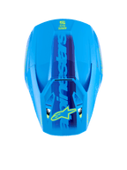 Casco Alpinestars S-M3 Force OCD, Cyan Glossy, vista dall'alto della calotta aerodinamica, grande marchio Alpinestars blu con logo a stella giallo sulla visiera, finitura lucida per gare di motocross