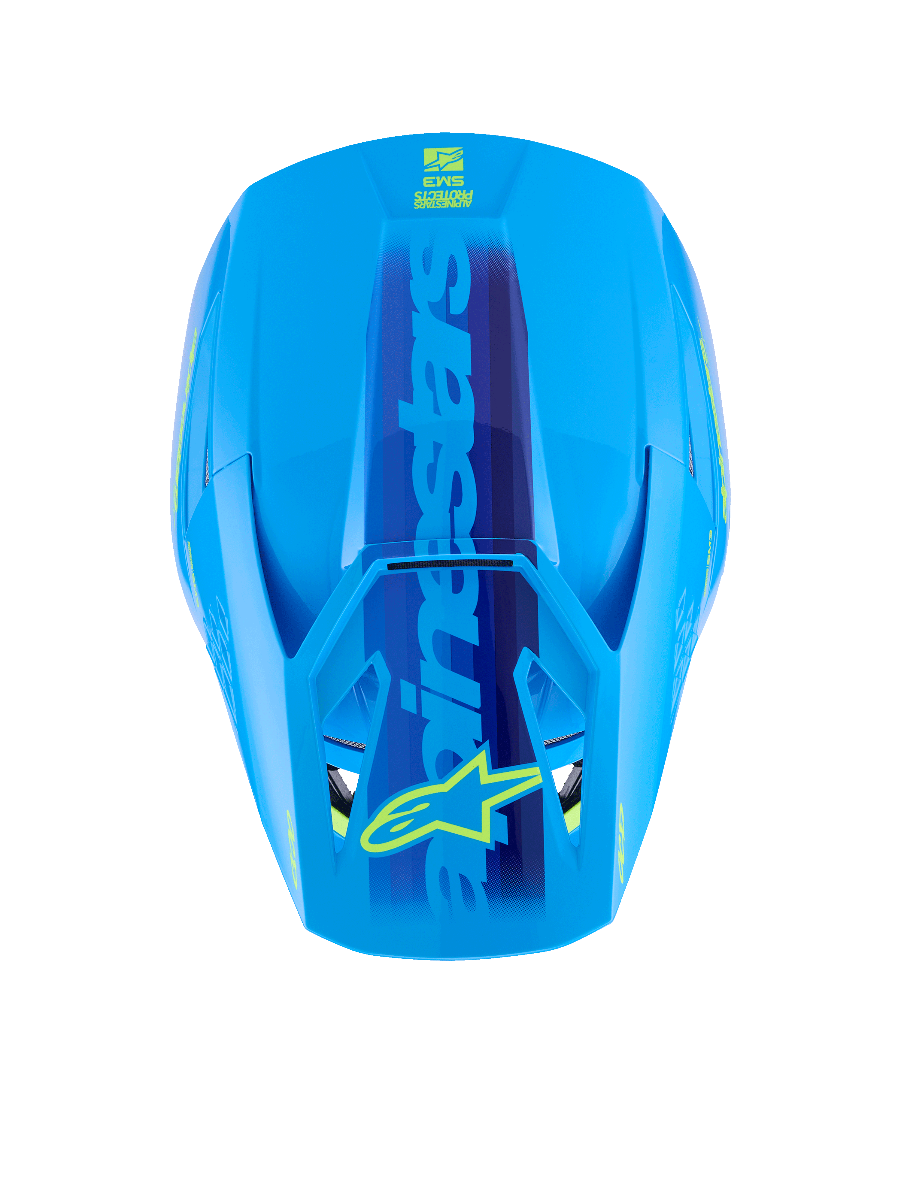 Casco Alpinestars S-M3 Force OCD, Cyan Glossy, vista dall'alto della calotta aerodinamica, grande marchio Alpinestars blu con logo a stella giallo sulla visiera, finitura lucida per gare di motocross