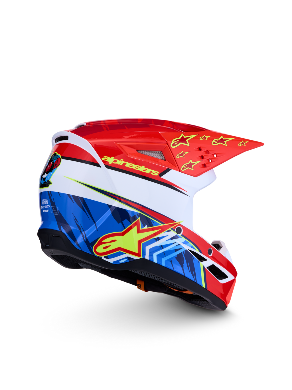 Alpinestars Casco SM3 Falcon Ragazzo ECE06, casco da motocross rosso e blu con grafiche gialle, certificato ECE 2206.