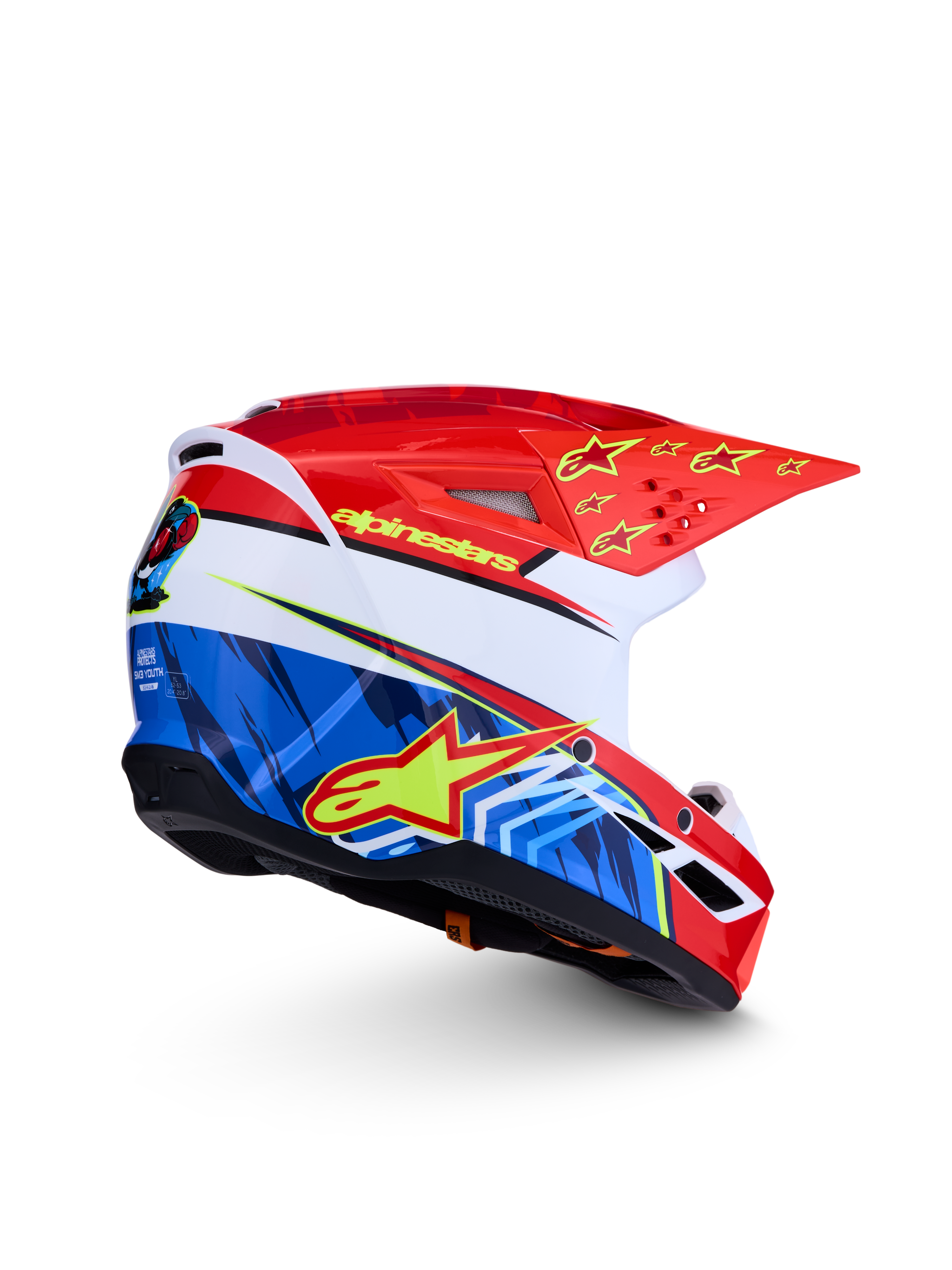 Alpinestars Casco SM3 Falcon Ragazzo ECE06, casco da motocross rosso e blu con grafiche gialle, certificato ECE 2206.