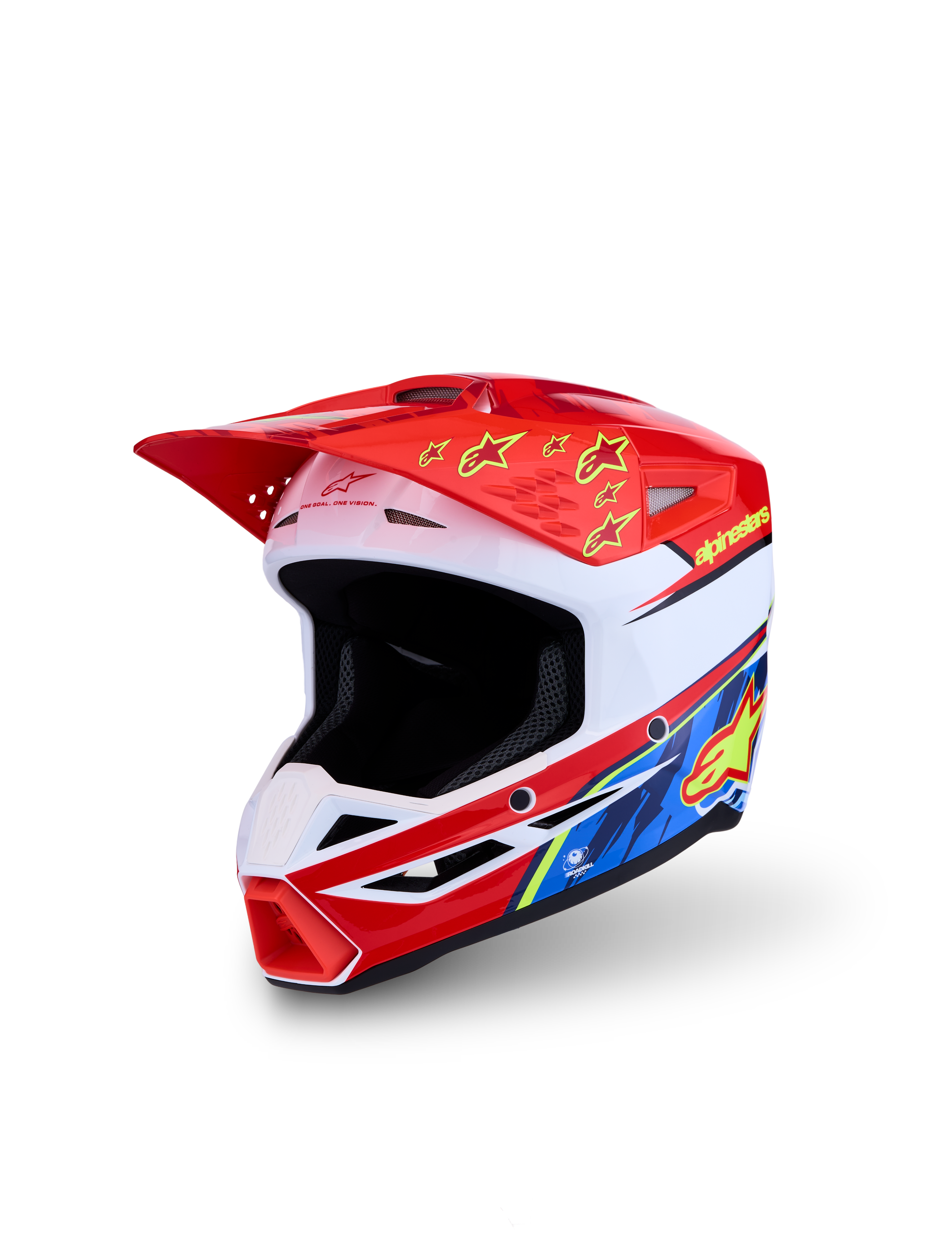 Alpinestars Casco SM3 Falcon Ragazzo ECE06, casco da motocross rosso e bianco con grafiche gialle e blu per bambini.