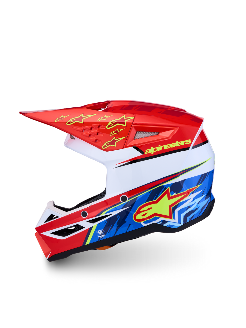 Alpinestars casco SM3 Falcon ragazzo ECE06, casco da motocross per ragazzi, rosso, blu e bianco con dettagli gialli, calotta in termoplastica leggera, certificato ECE 2206, per uso off-road ed enduro.