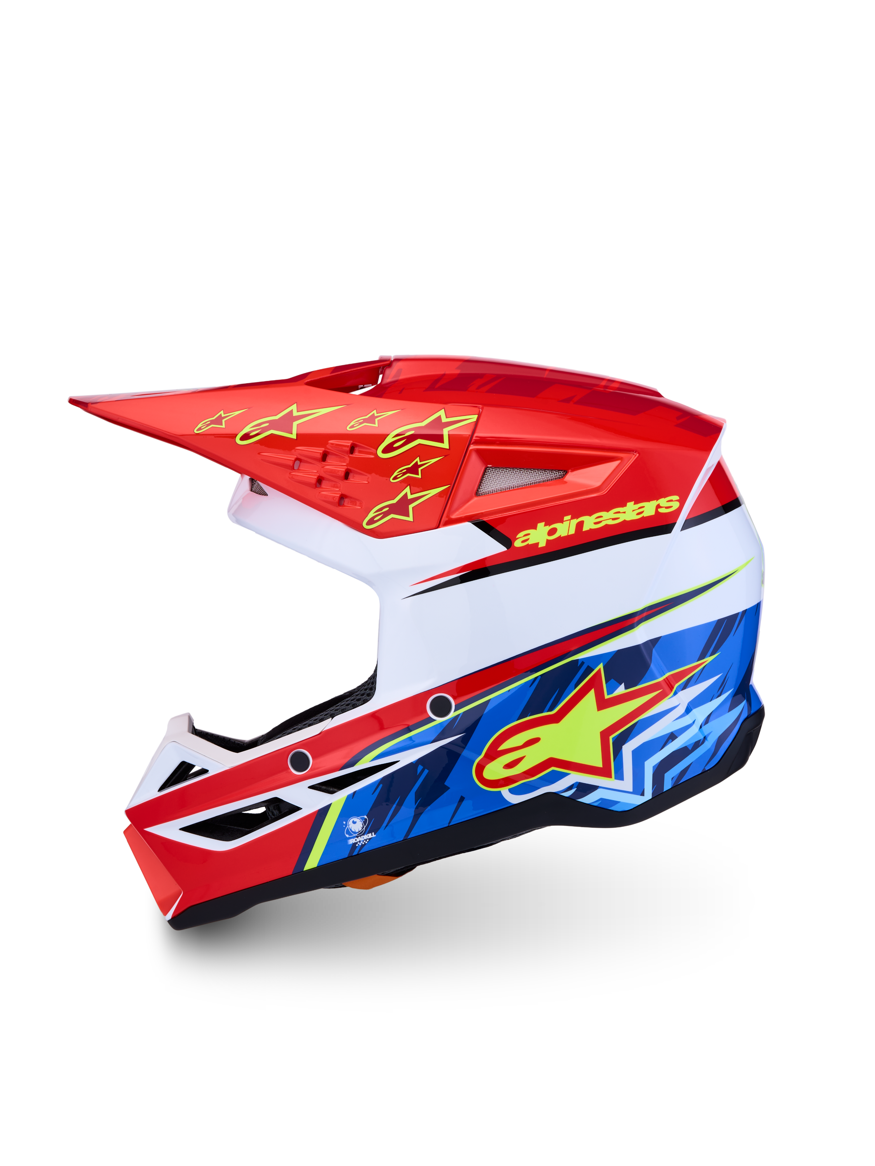 Alpinestars casco SM3 Falcon ragazzo ECE06, casco da motocross per ragazzi, rosso, blu e bianco con dettagli gialli, calotta in termoplastica leggera, certificato ECE 2206, per uso off-road ed enduro.