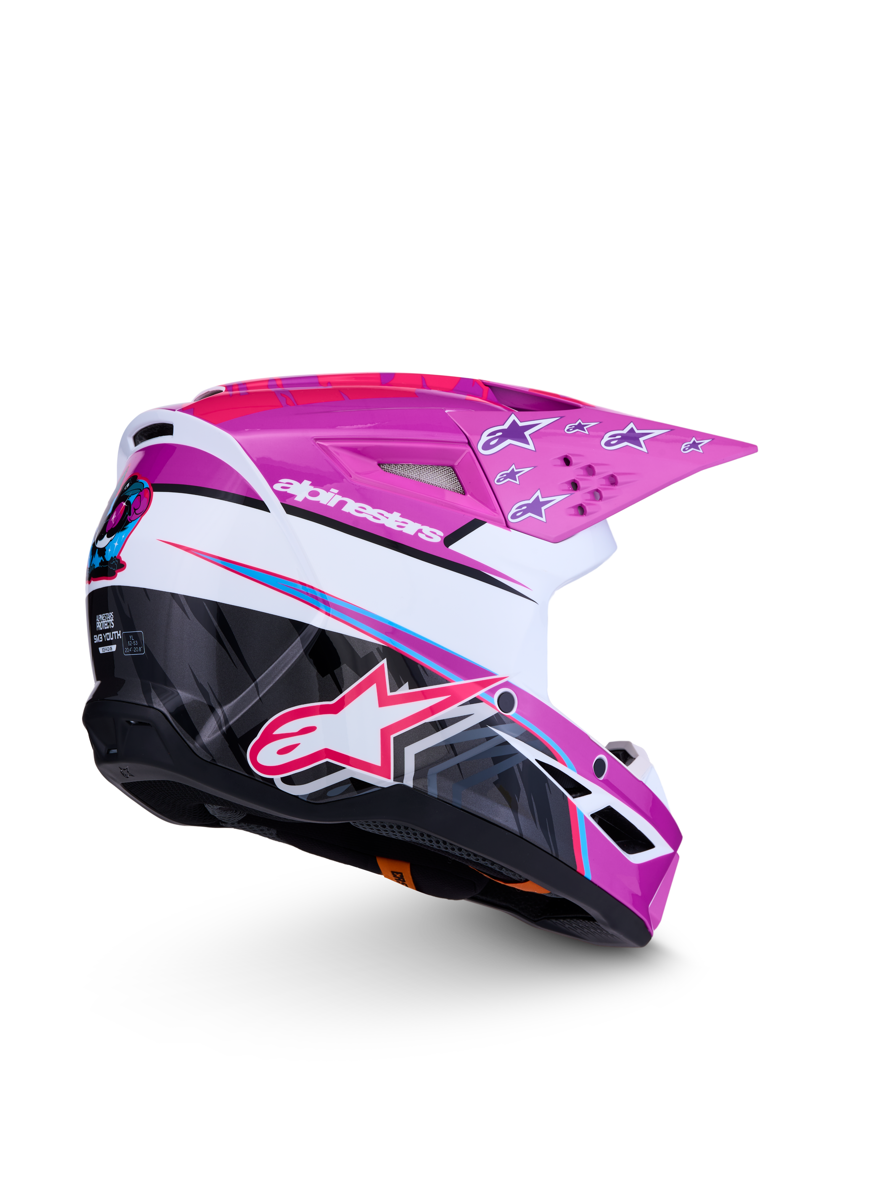 Alpinestars Casco SM3 Falcon Ragazzo ECE06, casco da motocross viola e bianco con grafiche rosa lucide, certificato ECE, protezione off-road per giovani piloti
