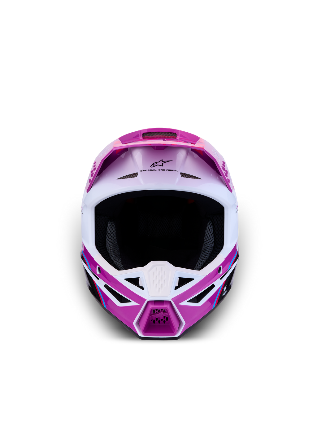 Alpinestars Casco SM3 Falcon Ragazzo ECE06, casco da motocross per ragazzi, viola e bianco, vista frontale, calotta leggera con ventilazione avanzata per prestazioni fuoristrada.