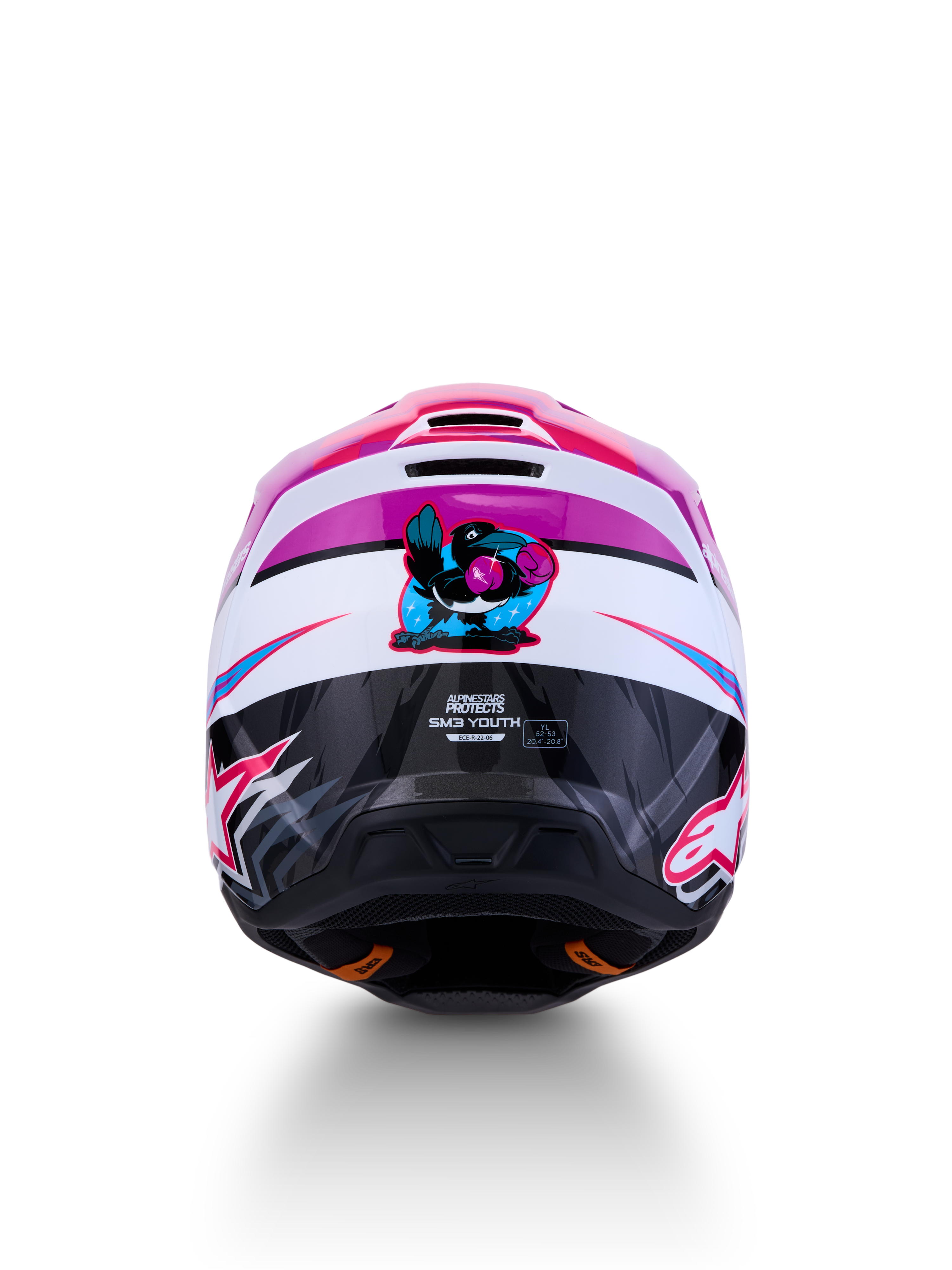 Alpinestars casco SM3 Falcon ragazzo ECE06, casco da motocross per ragazzi, viola e bianco con accenti rosa fluo, certificato ECE 22.06, vista posteriore con grafica a forma di uccello