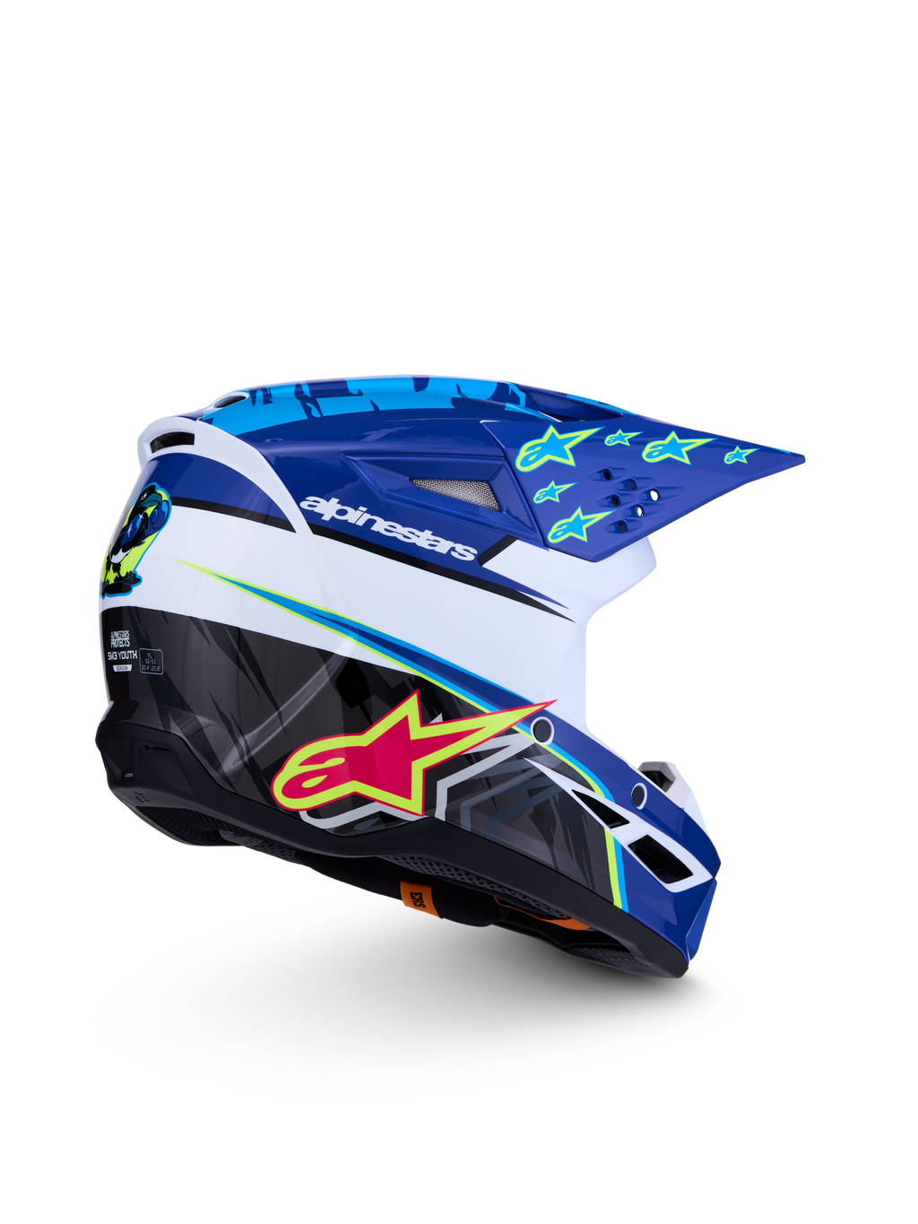Alpinestars Casco SM3 Falcon Ragazzo ECE06, casco da motocross blu e bianco con grafiche rosa e giallo fluo, certificato ECE 22.06