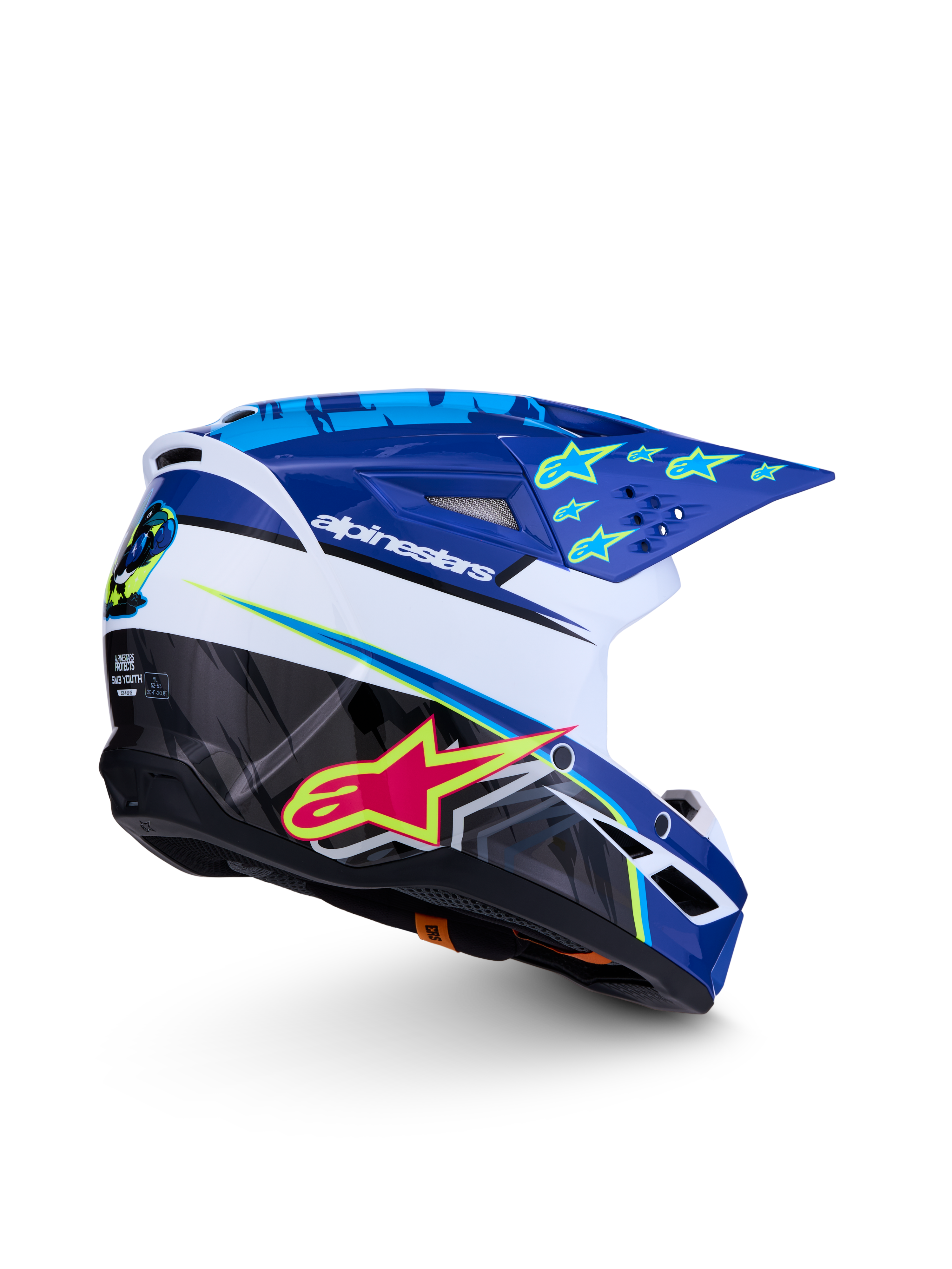 Alpinestars Casco SM3 Falcon Ragazzo ECE06, casco da motocross blu e bianco con grafiche rosa e giallo fluo, certificato ECE 22.06