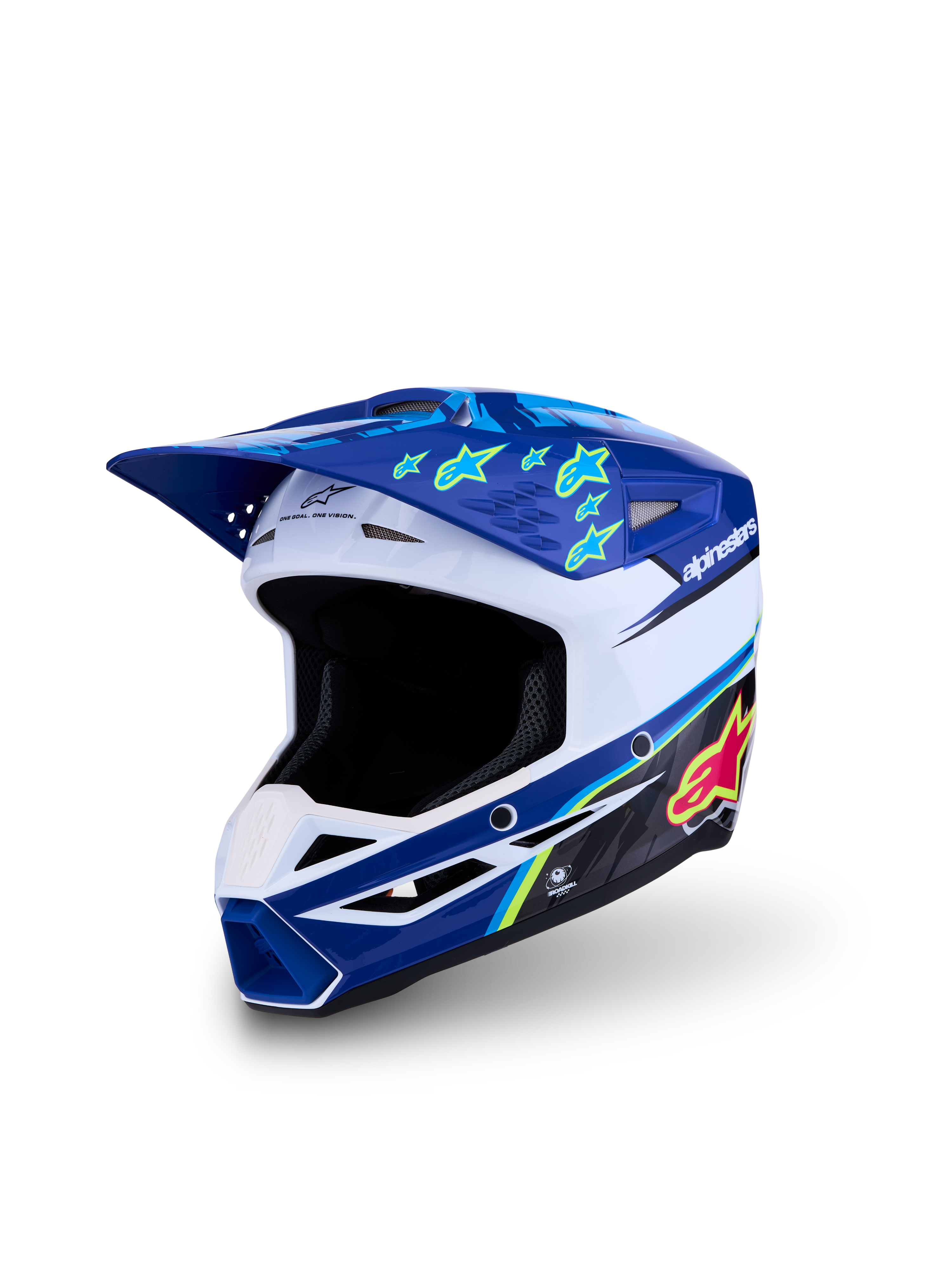 Alpinestars Casco SM3 Falcon Ragazzo ECE06, casco da motocross blu e bianco con accenti giallo fluo.