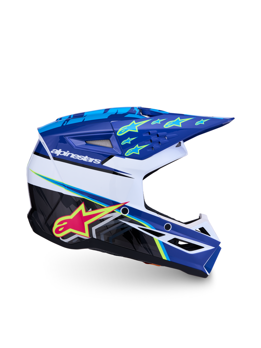 Alpinestars Casco SM3 Falcon Ragazzo ECE06, casco da motocross blu, bianco e nero con dettagli rosa e giallo fluo, protezione certificata per fuoristrada