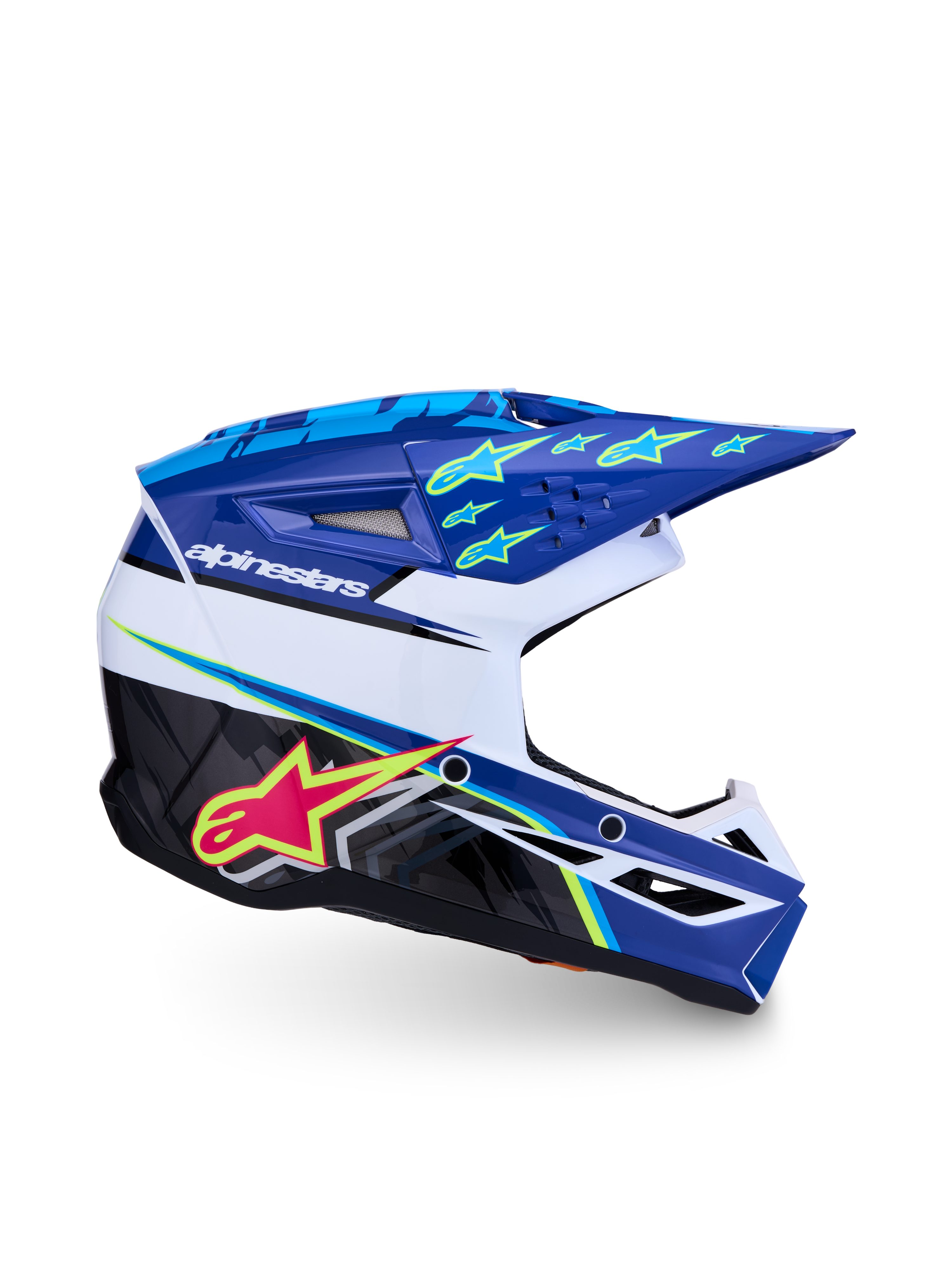 Alpinestars Casco SM3 Falcon Ragazzo ECE06, casco da motocross blu, bianco e nero con dettagli rosa e giallo fluo, protezione certificata per fuoristrada