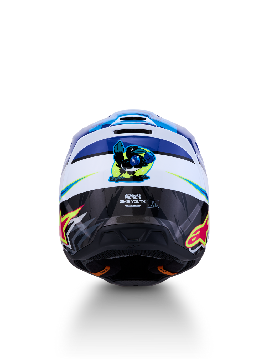 Alpinestars casco SM3 Falcon ragazzo, casco da motocross blu e bianco, vista posteriore, grafica lucida, certificato ECE.