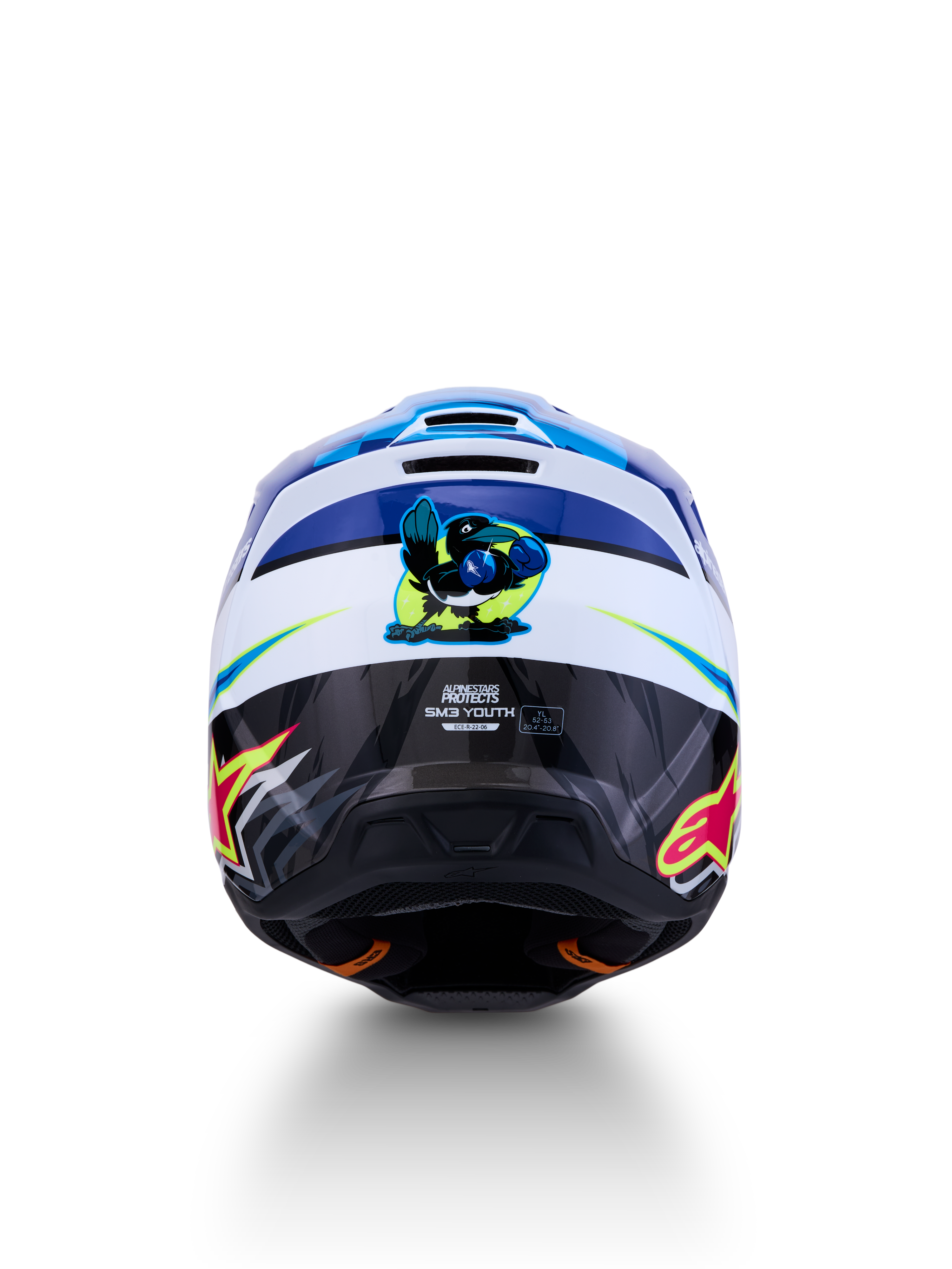 Alpinestars casco SM3 Falcon ragazzo, casco da motocross blu e bianco, vista posteriore, grafica lucida, certificato ECE.