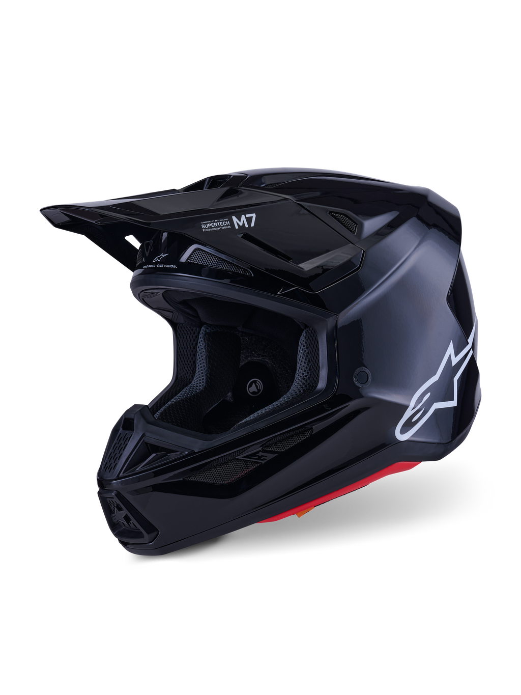 Casco Alpinestars S-M7 Solid, casco da motocross, nero lucido, con logo Alpinestars bianco sul lato, visiera aerodinamica e diverse prese d'aria per la protezione nelle gare fuoristrada